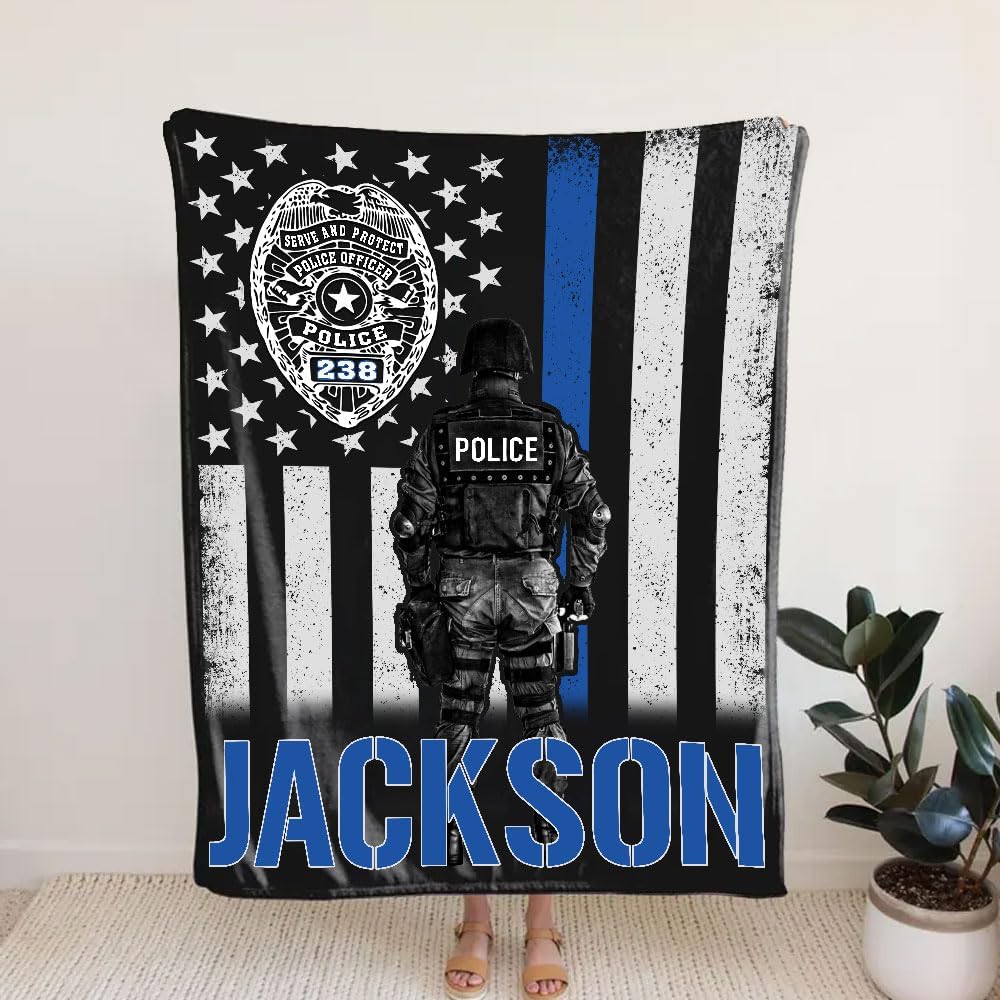 Personalized Police Officer Blanket, Thin Blue Line Blanket, Custom Police Blankets for Men, Police Gifts