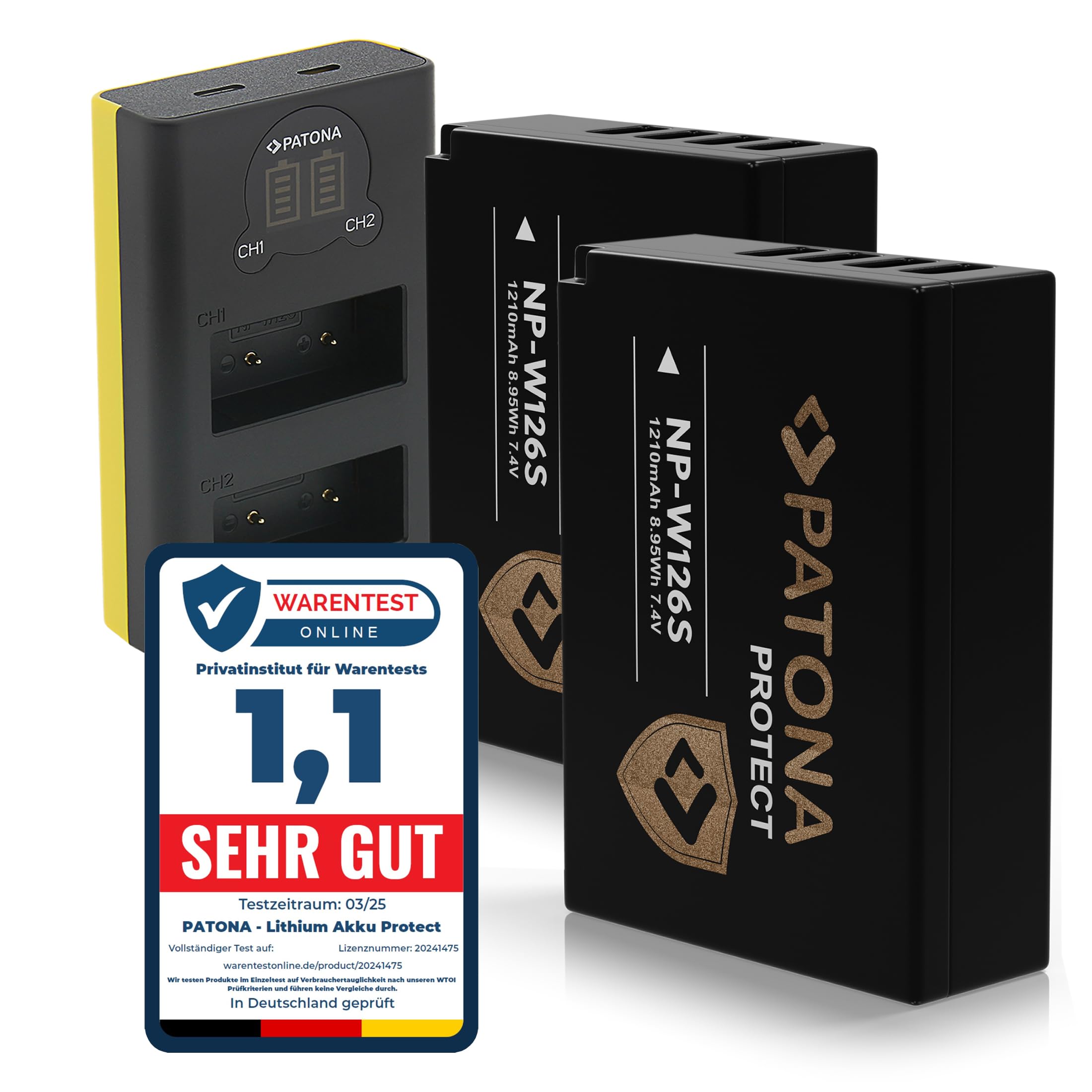 PATONA Kit Dual LCD Chargeur USB-C & Batterie 2X NP-W126S Protect 1210mAh | Compatible avec Fujifilm FinePix X-M5 X-M1 X100F X100V XT3 XA3 XA5, NTC-Sensor & étui protecteur