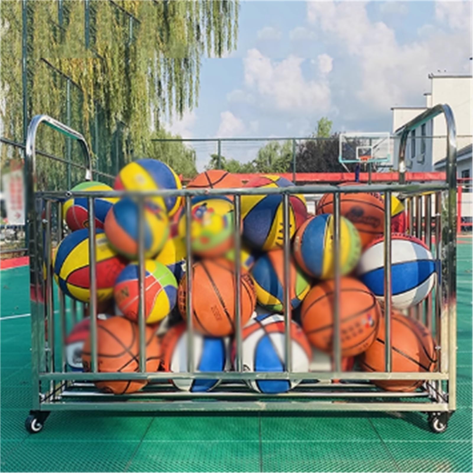 Bardzo duży wózek na piłki ze stali nierdzewnej z kółkami do przechowywania sprzętu sportowego do użytku wewnątrz i na zewnątrz, idealny do koszykówki, piłki nożnej i siatkówki, 100 x 60 x 75 cm