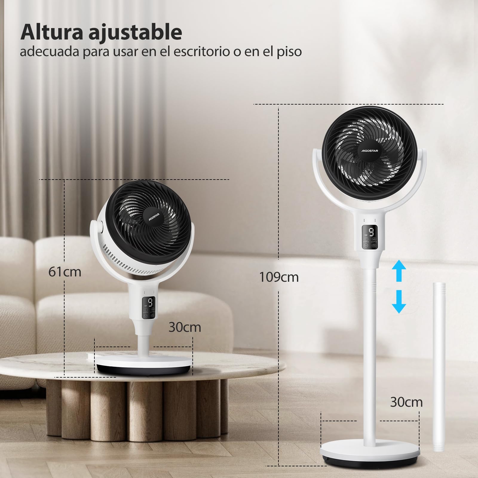 Aigostar Ventilador de Pie Silencioso 23dB con Mando, Motor DC, 24W Circulador Ventiladores Bajo Consumo, Oscilación 135°+85°, 9 Velocidades y Temporizador 9 H, Función de aromaterapia, Blanco Airflow