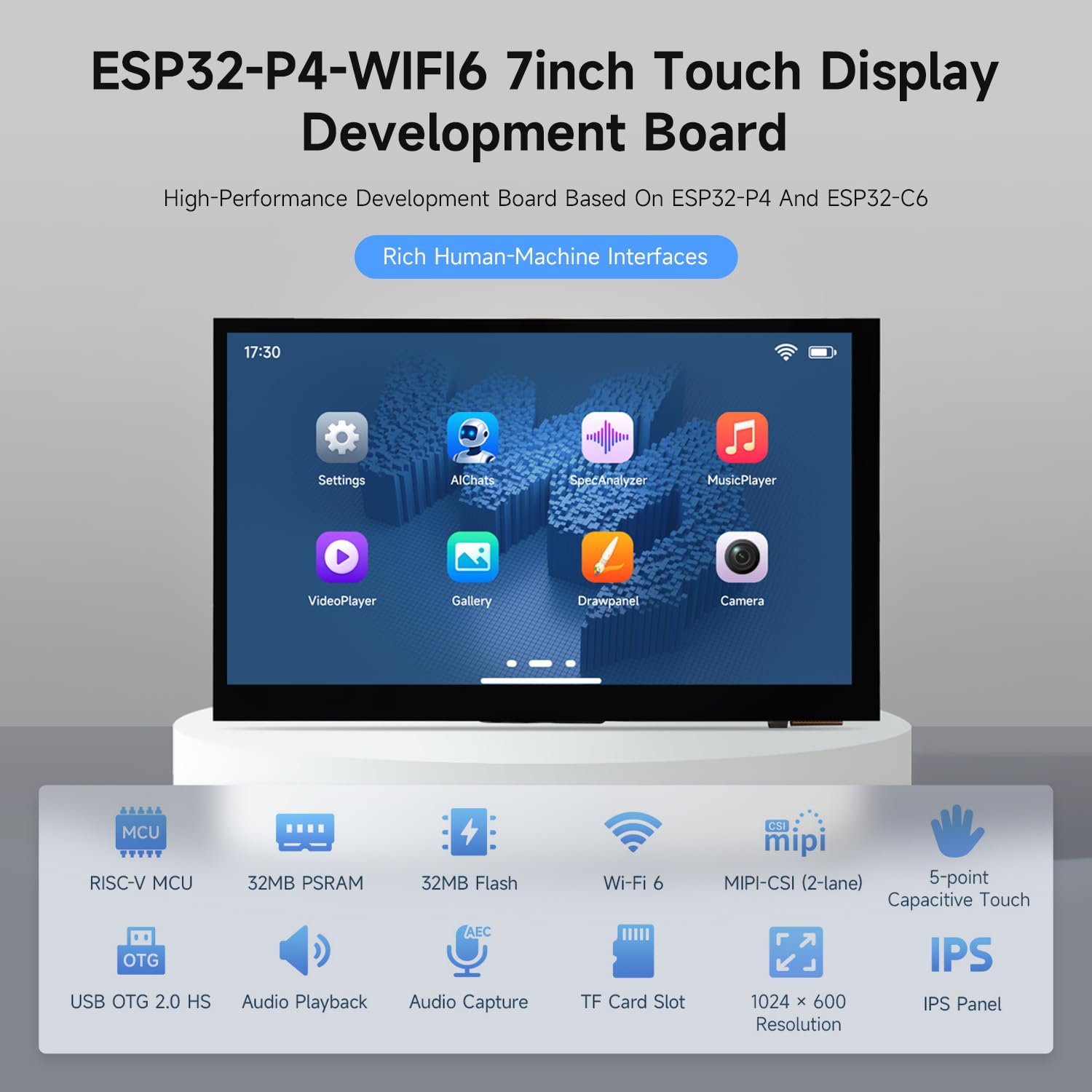 Waveshare ESP32-P4-WIFI6 7inch 5-Point Touch Display Development Board(with OV5647 Camera), Based on ESP32-P4 and ESP32-C6, 1024x600 Resolution, Supports Wi-FI 6 / BT 5 (Le)
