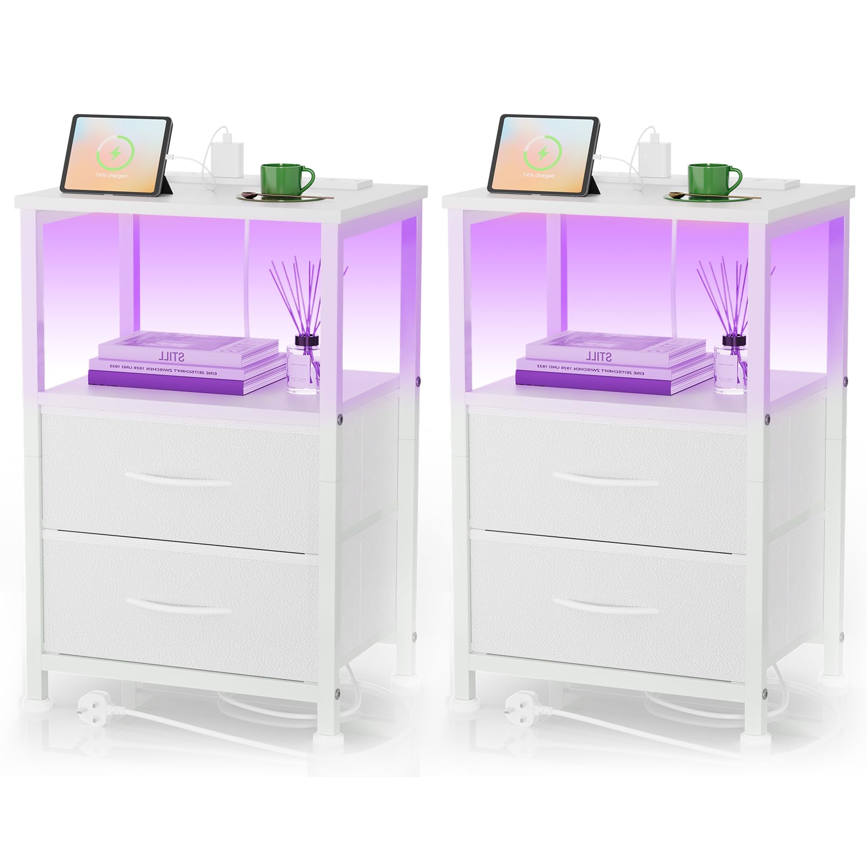 Yornoli Set of 2 Bedside Table with Charging Station 40cm Wide Bed Side Table for Bedroom with Fabric Drawers Small End Tables with Led Lights for Living Room Small Spaces White
