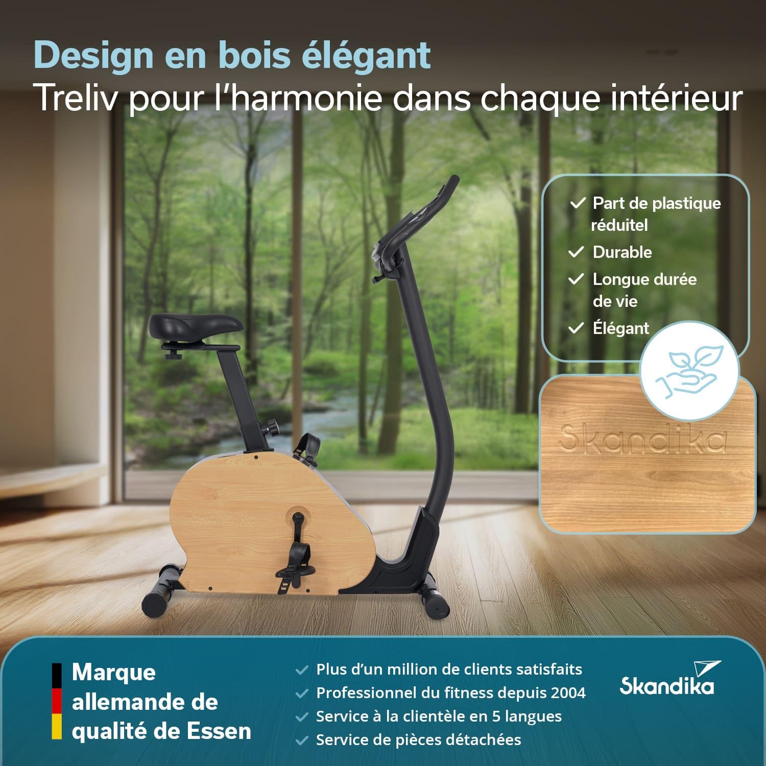 Skandika Vélo d'appartement Treliv P8 | Ergomètre en fer et bois, frein magnétique à 32 niveaux, écran LED, 22 programmes, selle et guidon réglables, compatible avec Kinomap, max 120 KG