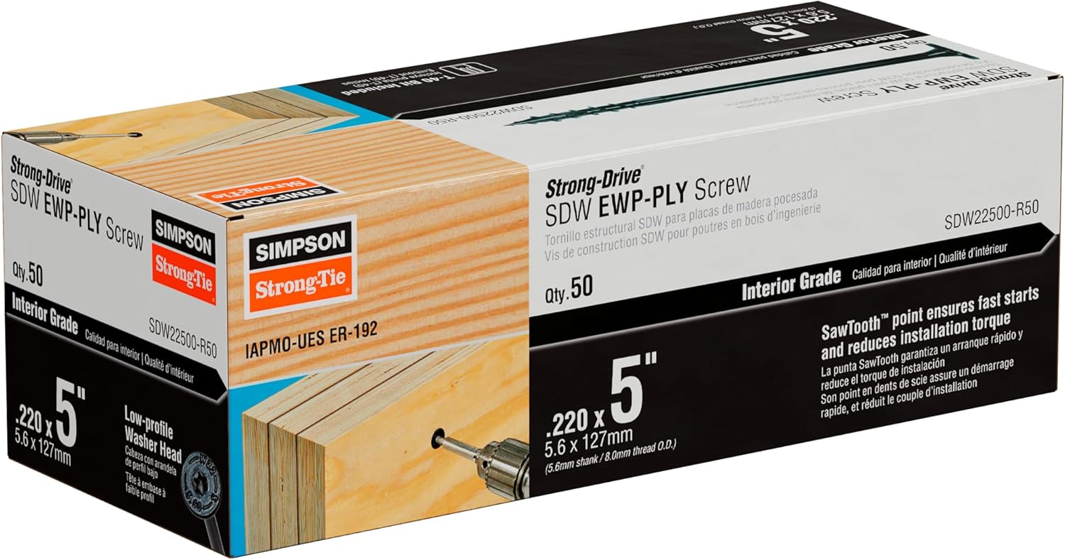 Simpson Strong-Tie SDW22500-R50 Strong-Drive SDW EWP-PLY Screw — .220 in. x 5 in. T40 6-Lobe, E-Coat (50-Qty)