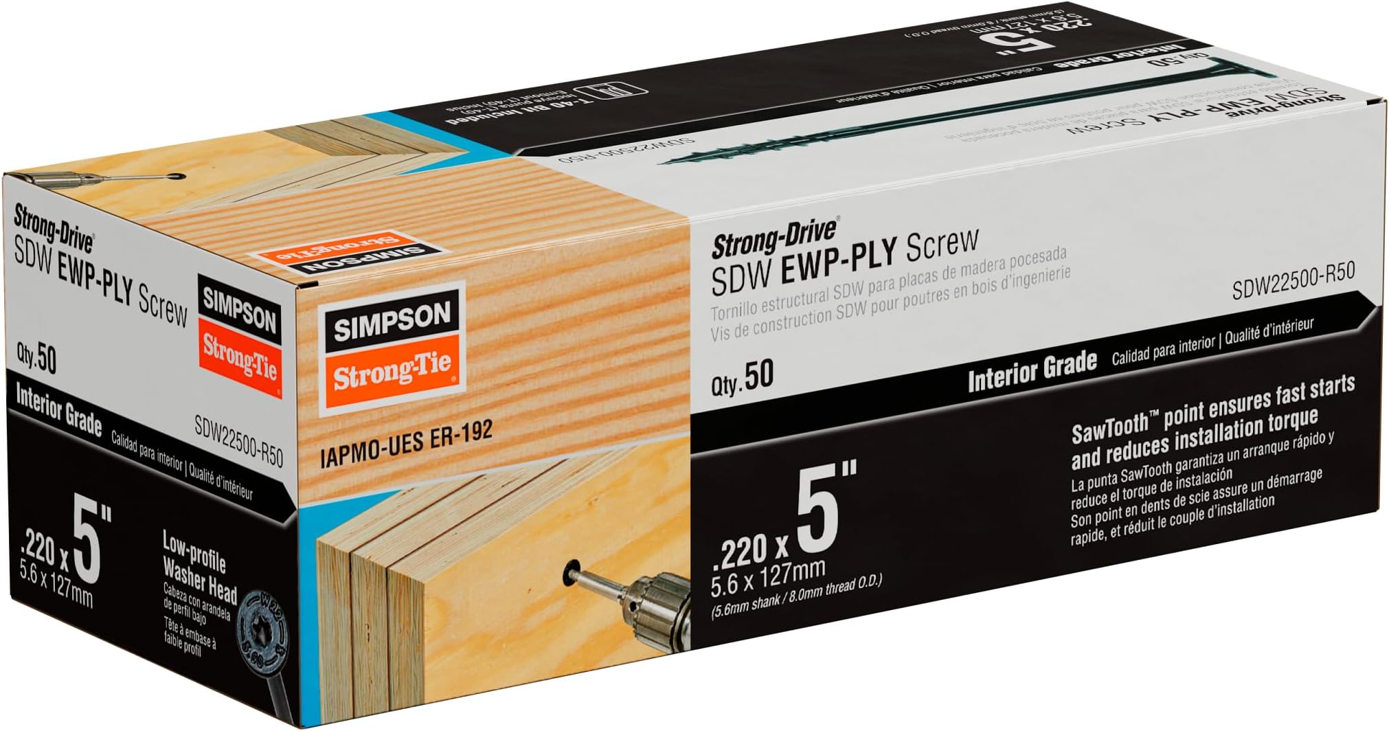Simpson Structural Screws SDW22500-R50 .22-Inch by 5-Inch with 1-9/16-Inch Threaded Washer-Head Screw, 50-Pack
