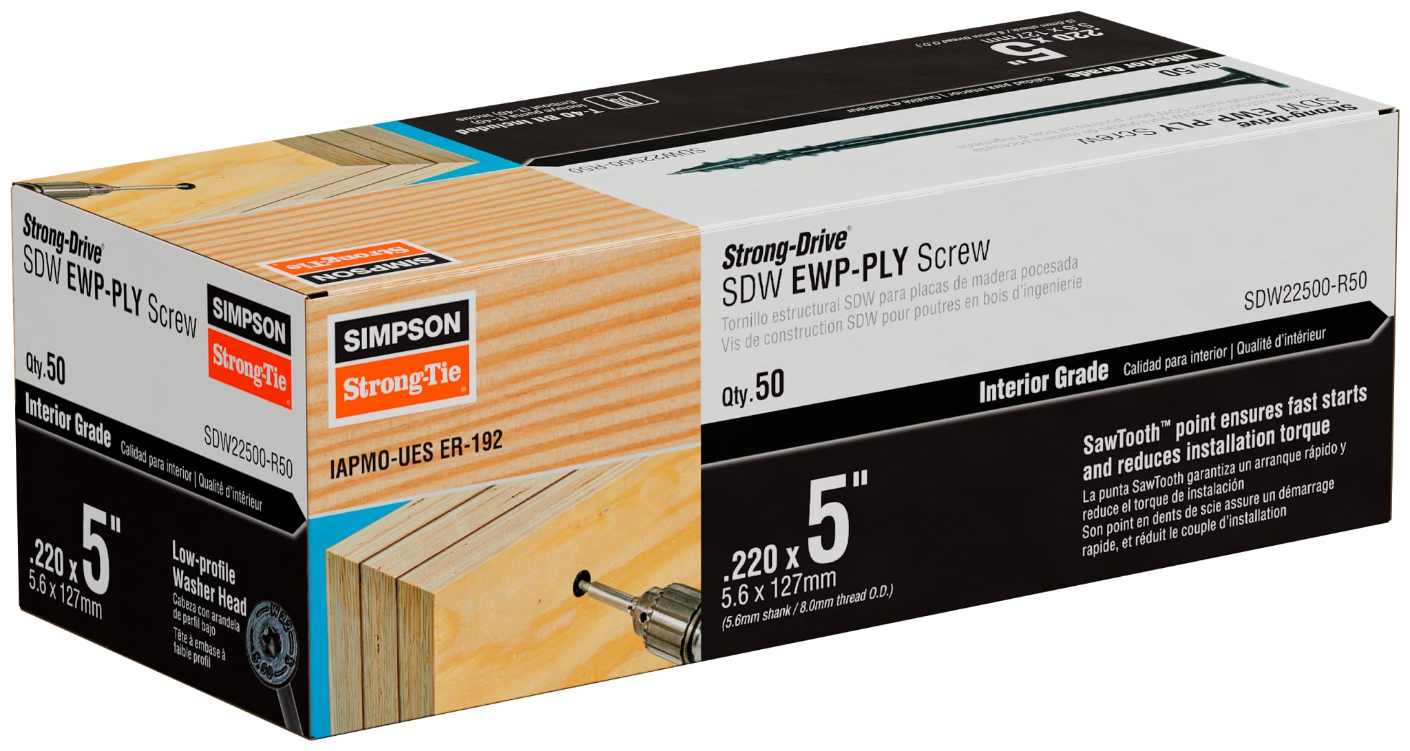 Simpson Strong-Tie SDW22500-R50 Strong-Drive SDW EWP-PLY Screw — .220 in. x 5 in. T40 6-Lobe, E-Coat (50-Qty)