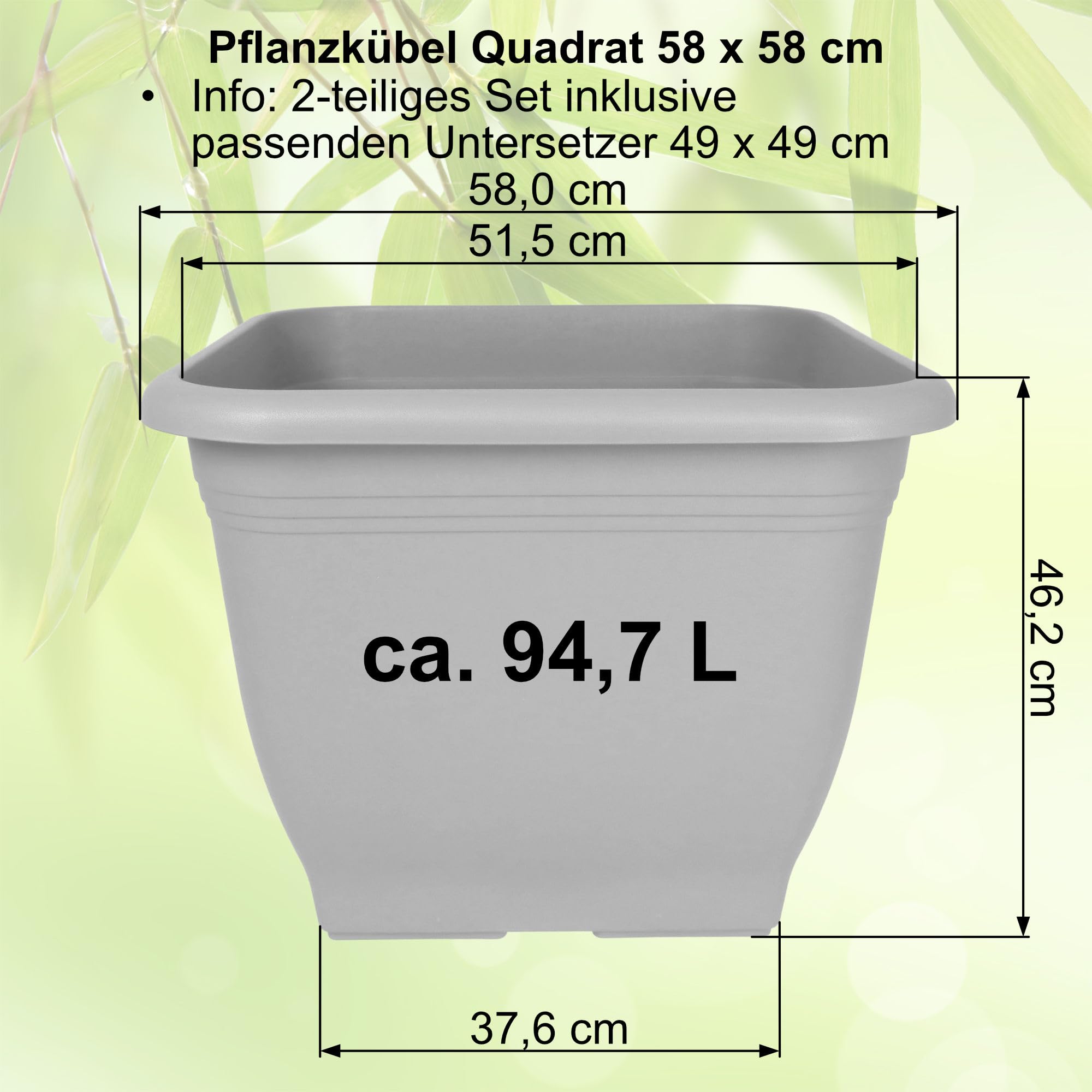 MePla - Pot de fleurs bac à plantes carré 58x58 cm + soucoupe 49x49 cm, terre cuite, résistant aux intempéries en plastique résistant aux UV