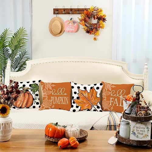 Miniatura 2 de GEEORY Juego de 4 fundas de almohada de otoño de 18 x 18 pulgadas, diseño de hojas de arce con diseño de calabaza y texto en inglés "Hello Pumpkin",