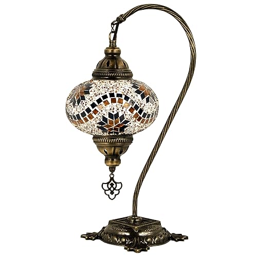 Miniatura 4 de Turkish Lamp Mosaic Table Lamps  Turkish Moroccan Lamp with Bronze Base  Handmade Swan Neck Tiffany Night Lamp  Mosaic Glass Bedside Night Lamp with