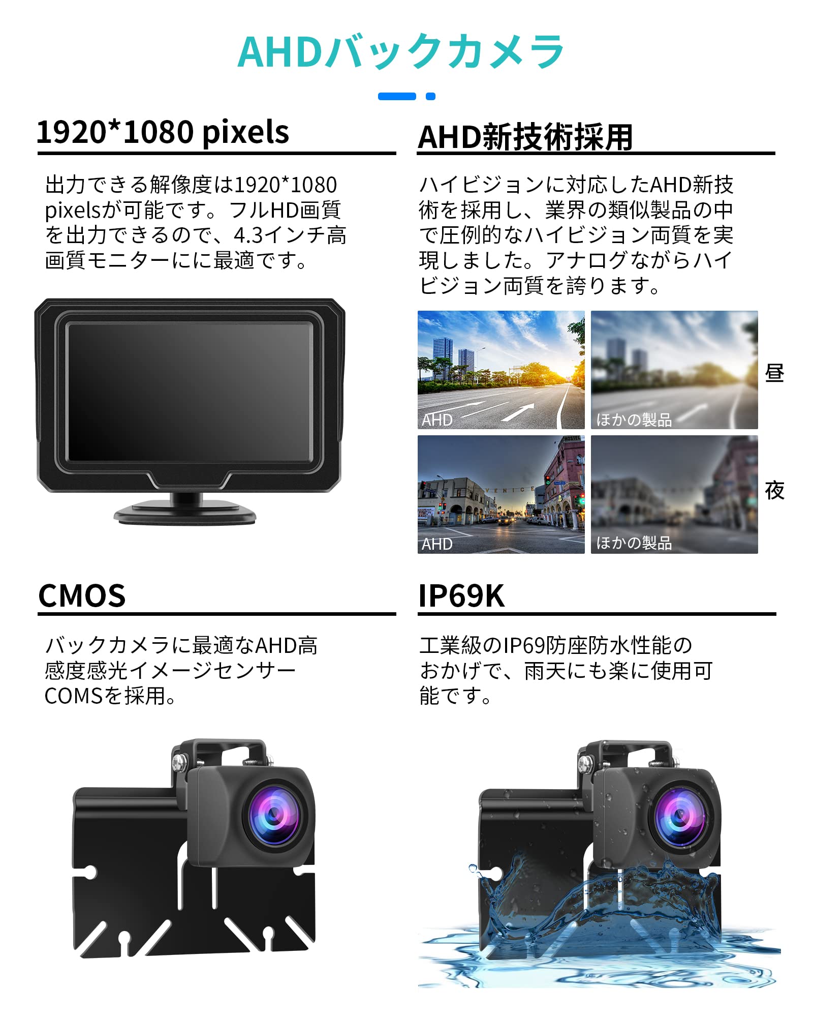 Amazon.co.jp: バックカメラモニターセット4.3インチモニターAHD最新