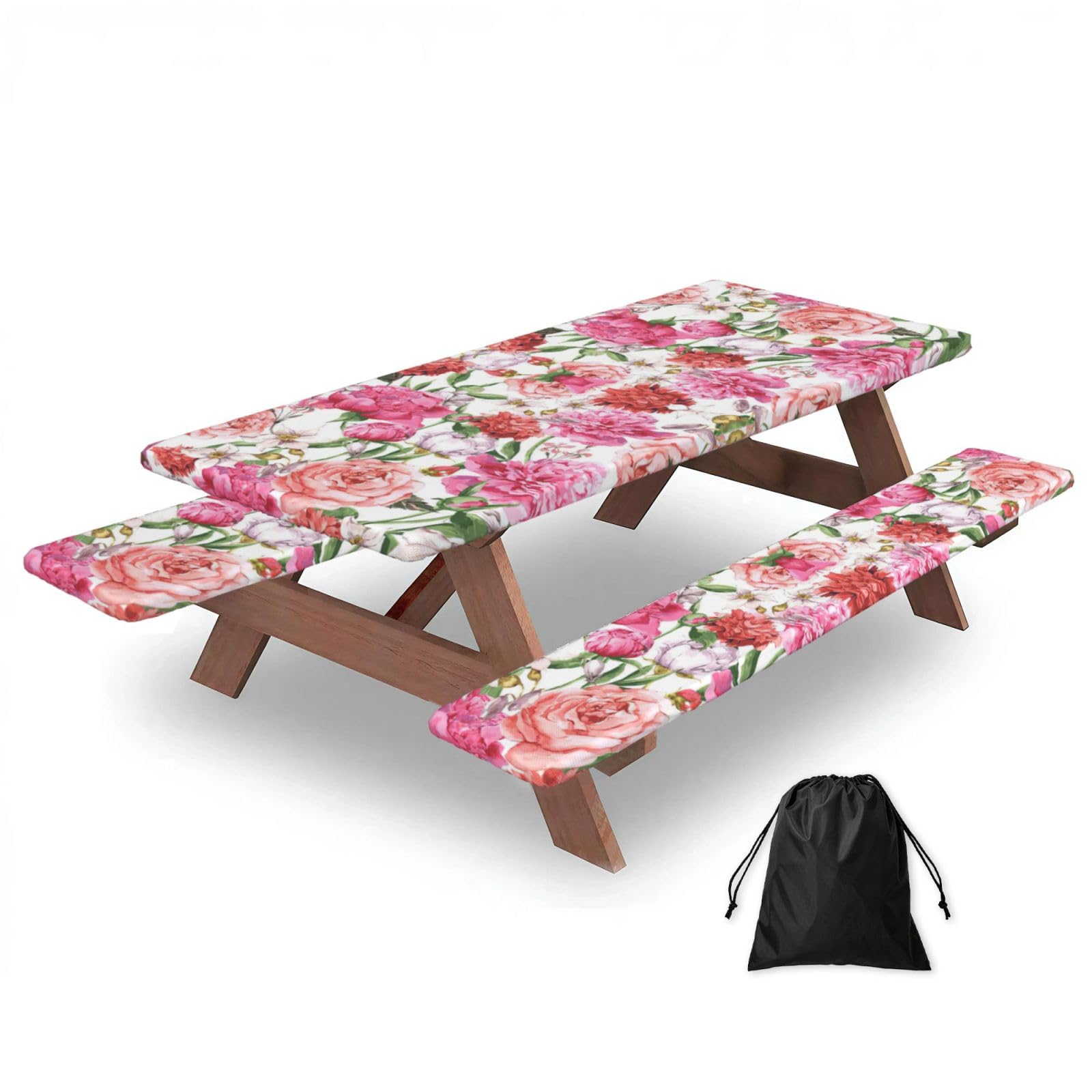 Zyjhyy Black Garden Peony Print Party Table Covers With Bench Covers Set Of 3 Picnic Table Cloth Wipe Clean For Garden Camping
