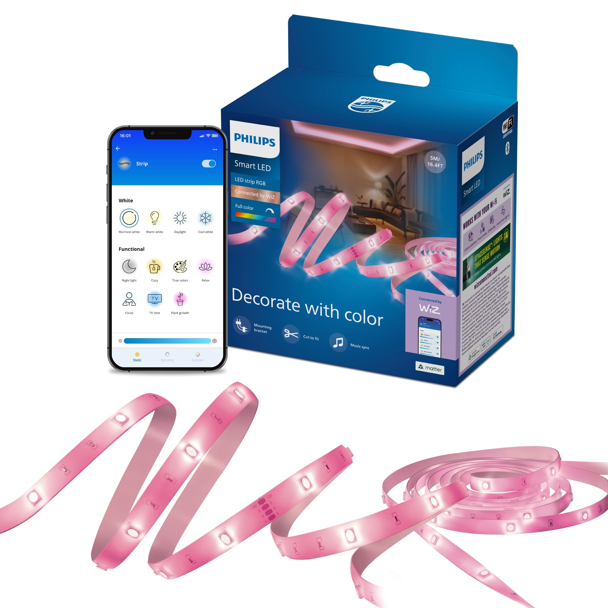Philips Smart Lighting RGB-LED-Streifen, 5 m, Typ C, 16 Mio. Farben, Voreingest. Lichtmodi, Zuschneidbar, Einf. Einrichtung, Kompatibel m. WLAN, Connected by WiZ, Google Home, Alexa, Apple Home
