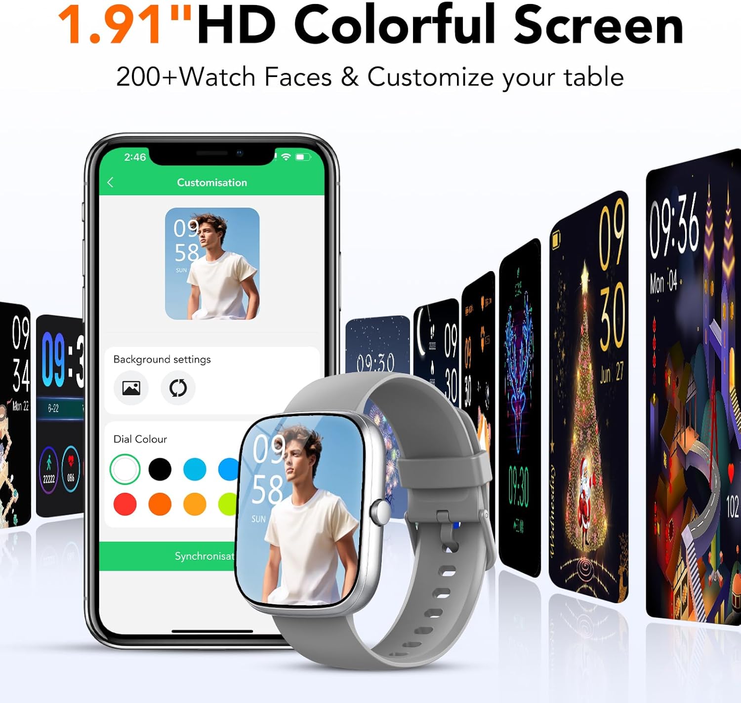 Image displaying the smartwatch with a 1.91-inch HD colorful screen, showing various customizable watch faces and the companion app interface for customization.