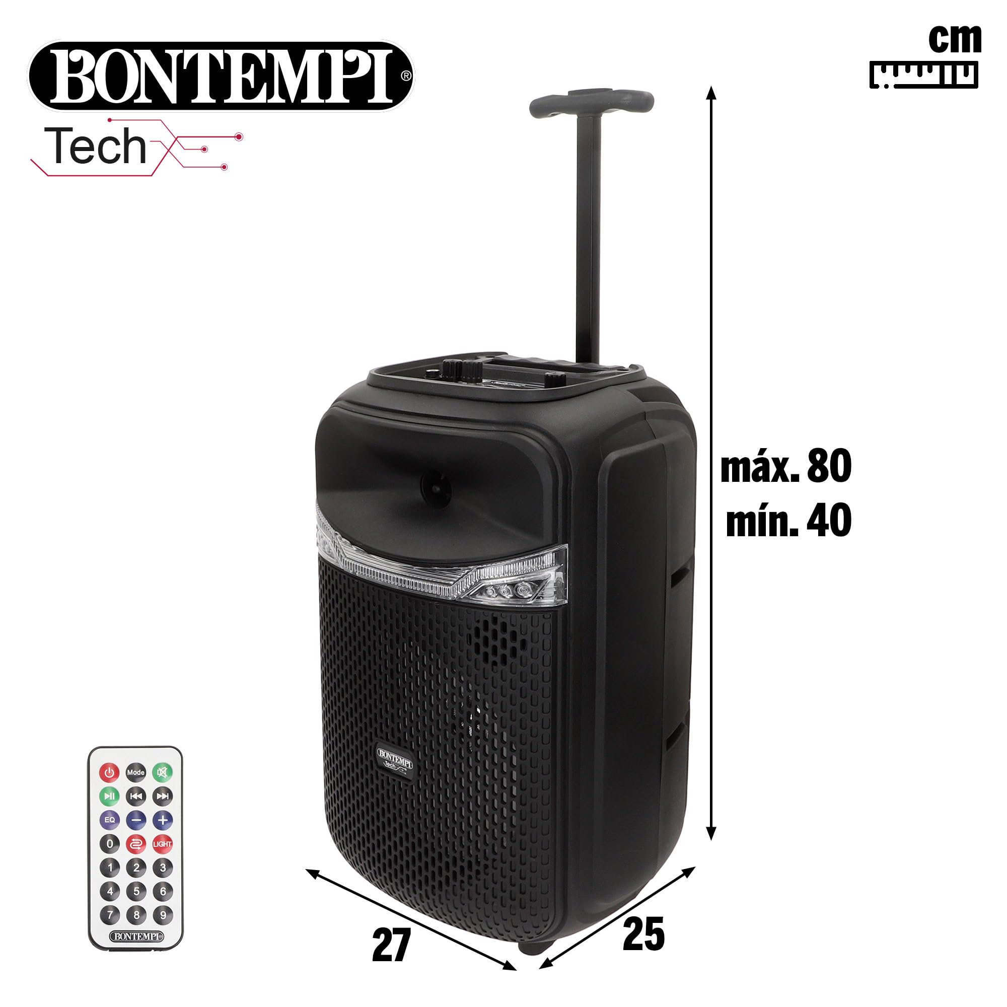 ColorBaby Bontempi Altavoz Maleta inalámbrico con Karaoke, 300W de Potencia, 2 micrófonos, Luces RGB, Radio, Pantalla, Ecualizador de Sonido, Dos Altavoces a la Vez, Batería Recargable USB (39223)