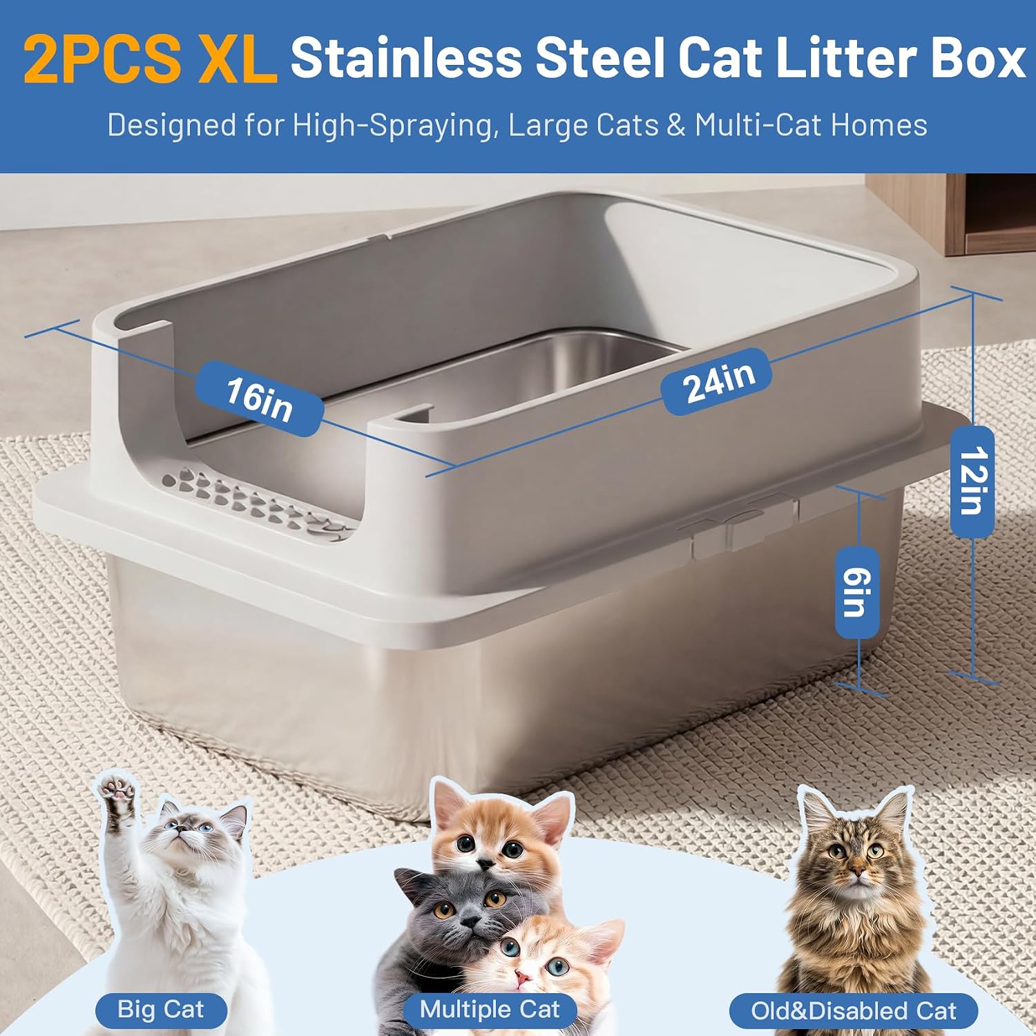 Jotesnew 2 Pack XL Stainless Steel Cat Litter Box with Lid and High Sides, 24" L x 16" W x 12" H Extra Large Metal Cat Litter Boxes for Big Cats, Leak-Proof, Non-Stick, Odor-Resistant, Includes Scoop image 3