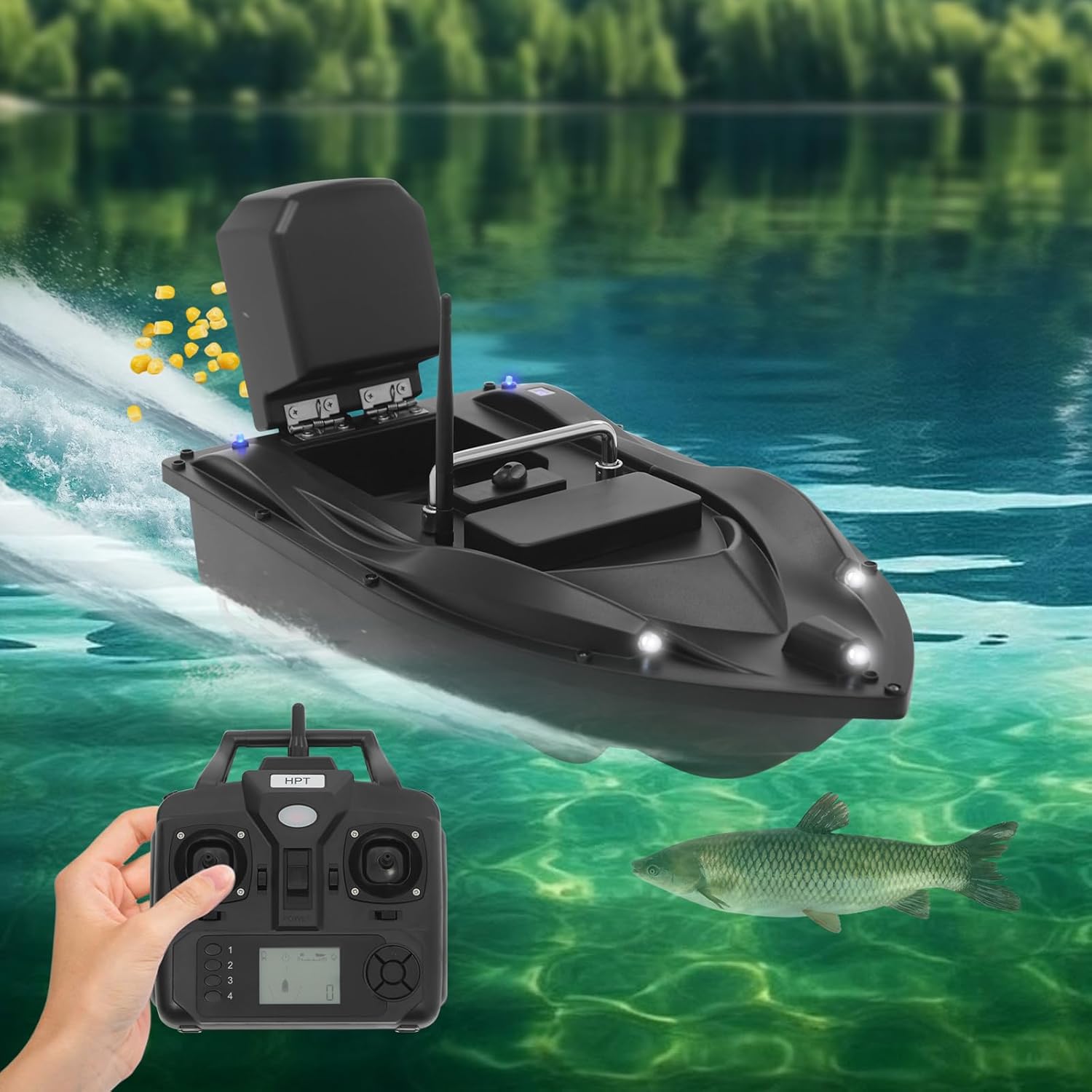 RC Fishing Bait Boat with GPS Positioning, 4.4lbs Load Capacity Fish Bait Boats with LED Screen & Portable Carrying Bag, for Professional Fishing (1-Battery)