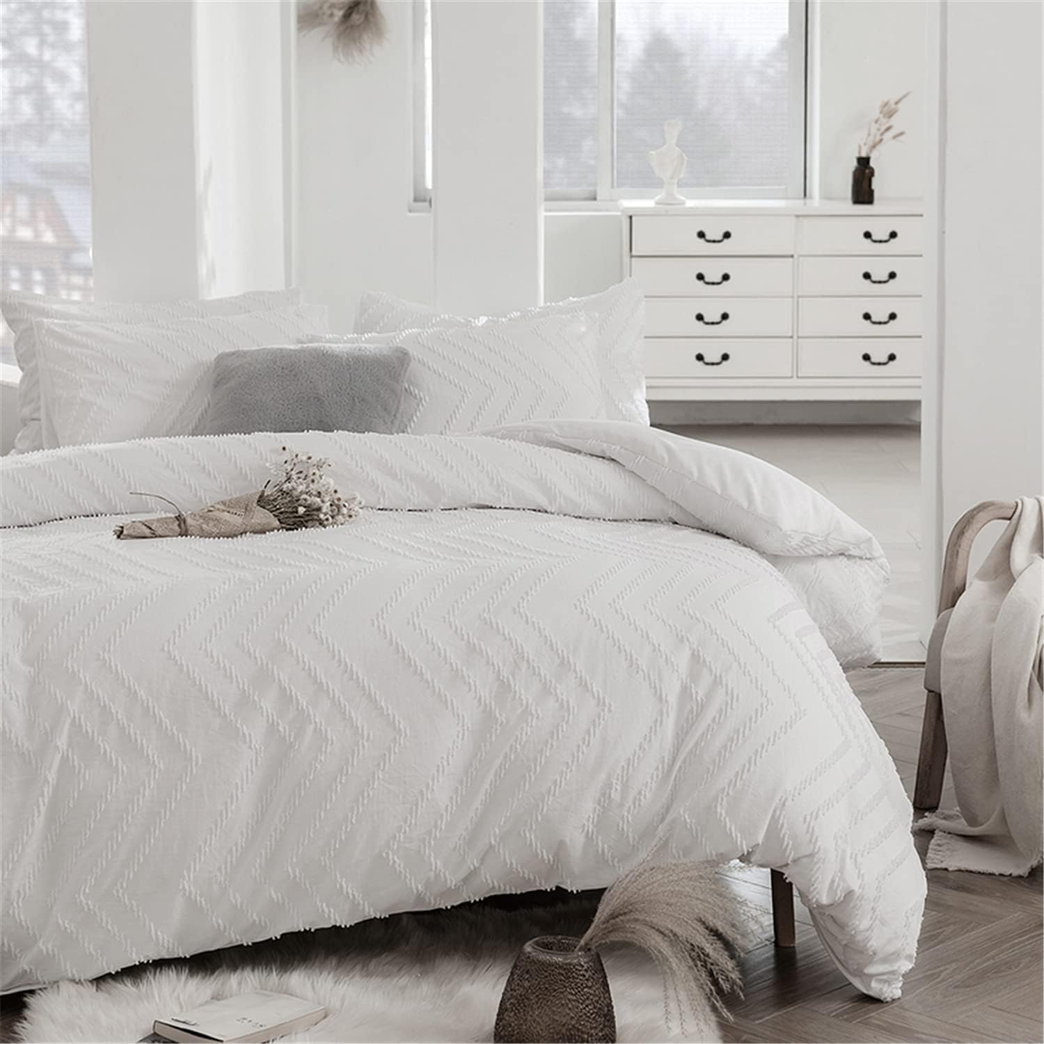 MOOWOO Shabby Chic Boho Bedding Twin Size,2 PC White Tufted Duvet Cover Set, Jacquard Comforter Cover ,Soft and Breathable with Zipper Closure & Corner Ties(White-Wave Pattern, Twin)