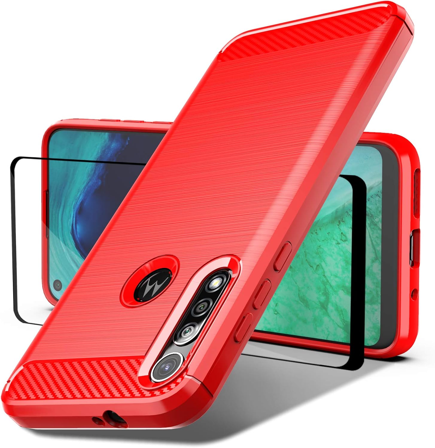 Dretal for Moto G Fast Case with Tempered Glass Screen Protector, Shock-Absorption Slim Fit Flexible TPU Case Brushed Texture Soft Rubber Protective Cover for Motorola Moto G Fast (LS-Red)