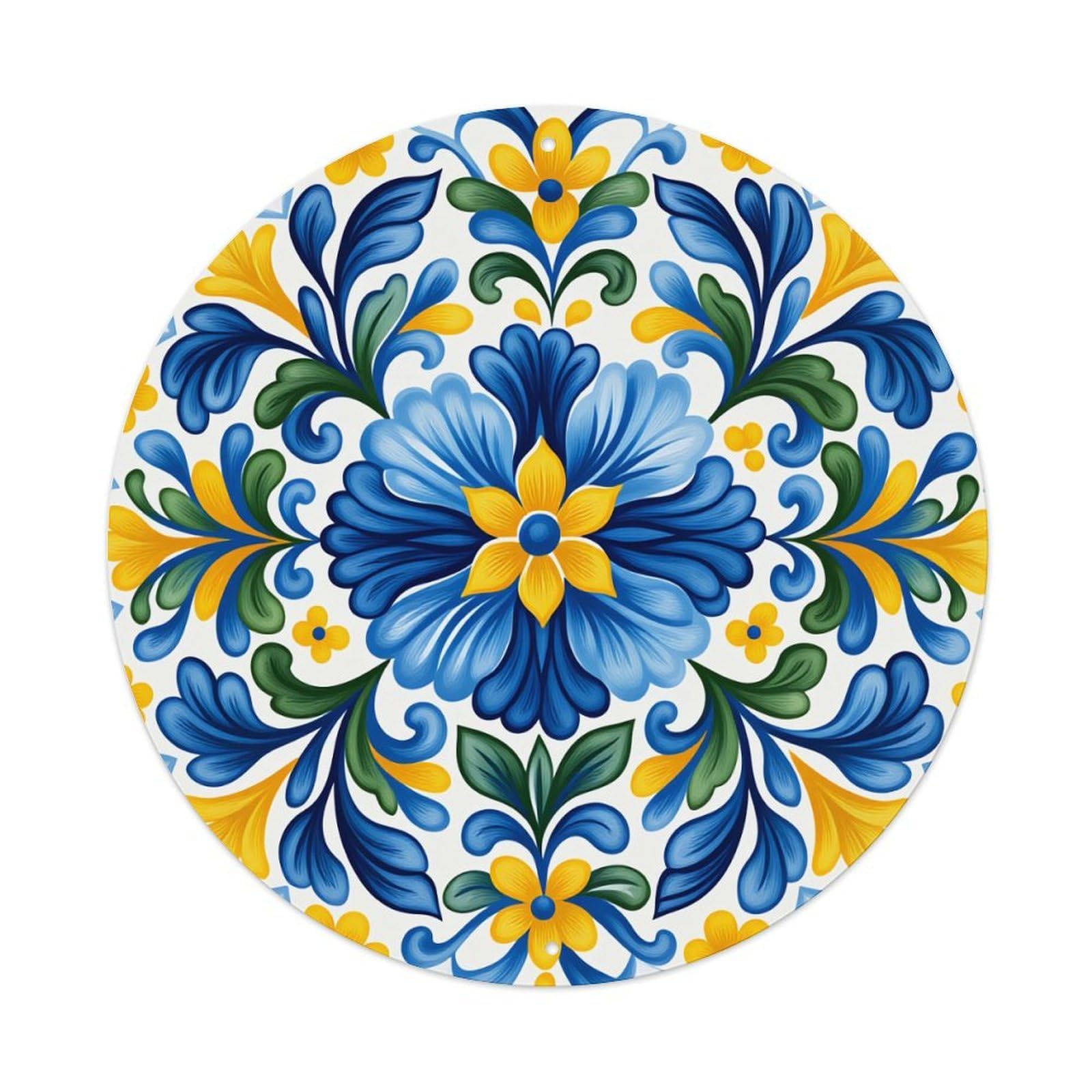 Blue Yellow Green Floral Pattern With Symmetrical Design Round Vintage Tin Sign,Retro Wall Art,Metal Poster for Home, Bar, Garage, Cafe, Rustic Indoor & Outdoor Decor, 8x8 Inches