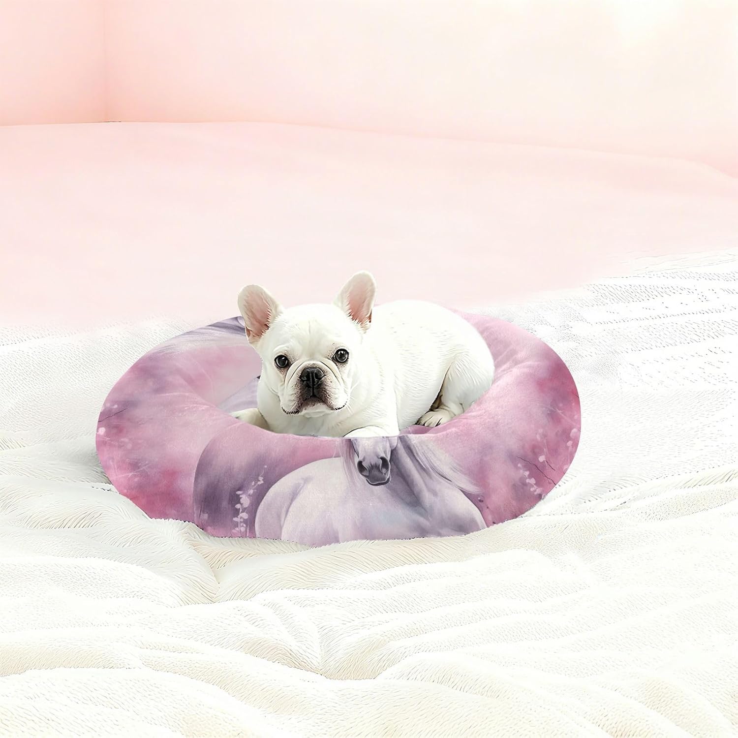 Dog Bed Ultra Soft Fluffy Comfortable Cat Bed, White Horse Washable Dog Beds Anti-Slip Round Pet Beds for Medium Dogs