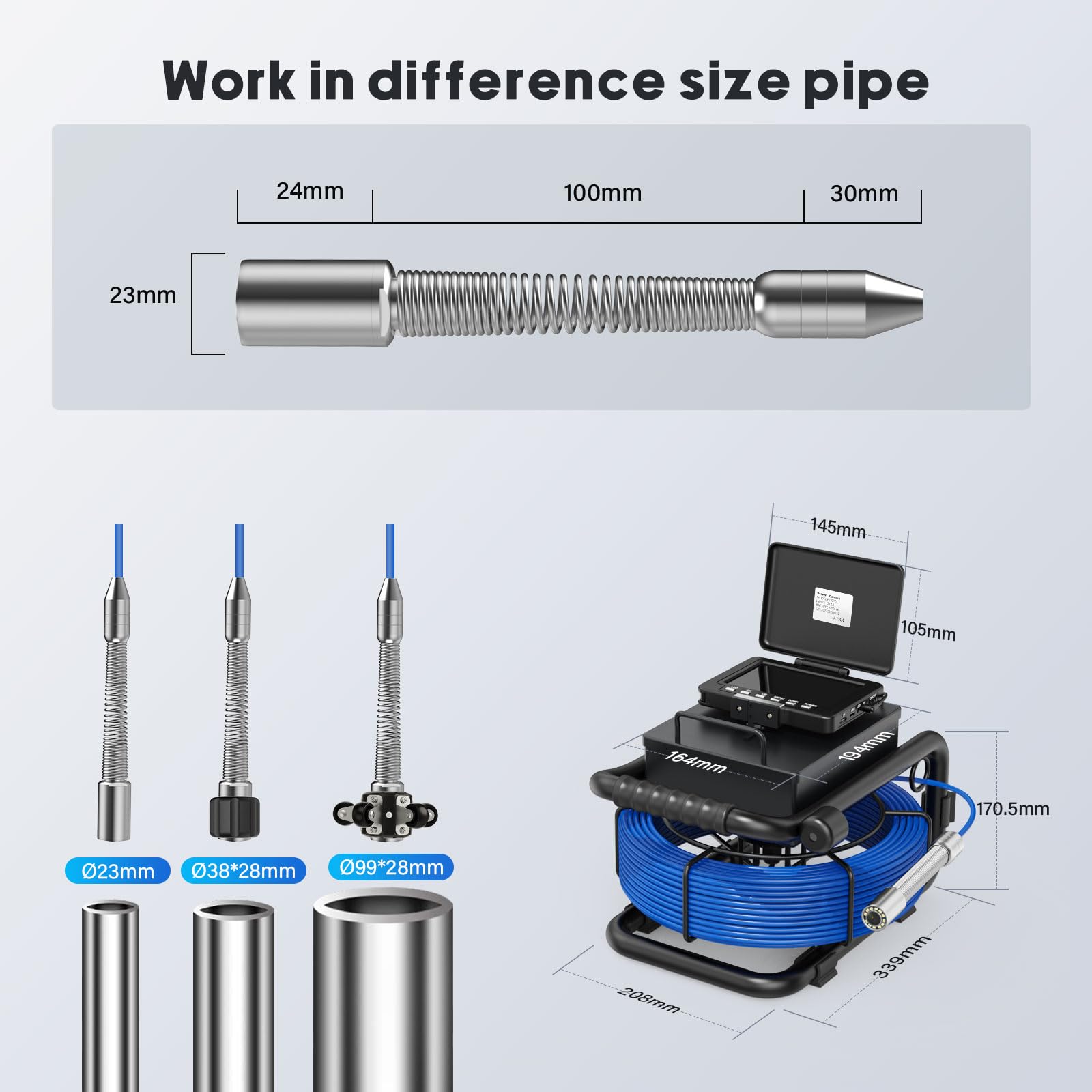 Telecamera Ispezione Tubi Kit, Sonda Telecamera Endoscopio con Trasmettitore 512 HZ e Autolivellamento, 5'' Endoscopio Professionale con Registratore DVR, IP68 Telecamera per Fognatura Impermeabile