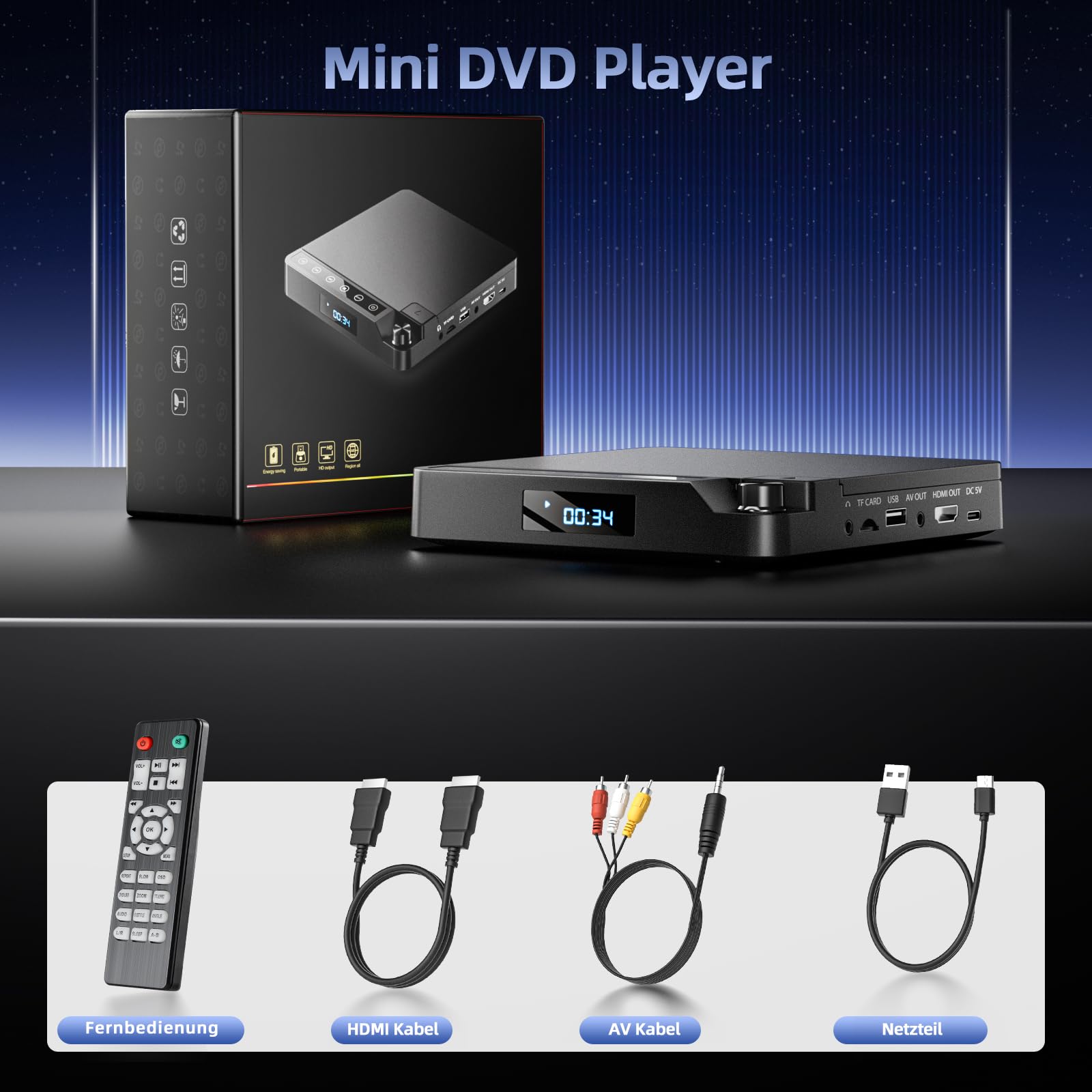 Desobry DVD Player für Fernseher 1080p | HDMI/AV, USB/TF-Karte Eingang, All Region Free, Haltepunktspeicherung, Rauschunterdrückung