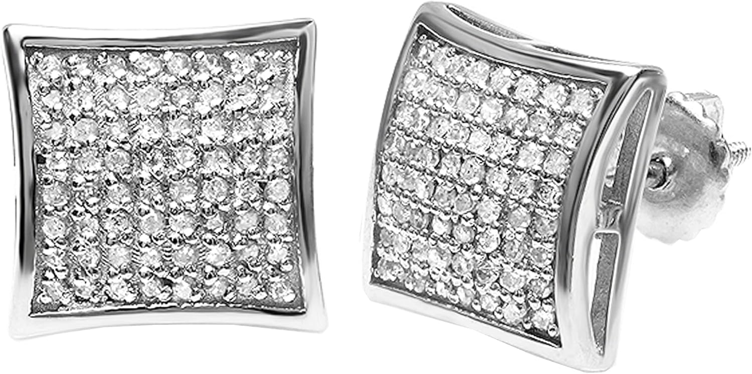 Dazzlingrock Collection Round White Natural Diamond Concave Square Hip Hop Iced Out Studs in 925 Sterling Silver, Unisex Design Ladies,Mens Real Natural Diamond Earrings
