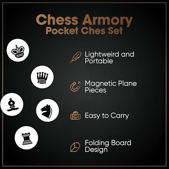 Chess Armory Pocket Chess Set - Portable Mini Chess Set for Adults and Youth - Mini Chess Board to Take Anywhere for an Unforgettable, Mind-Sharpening Chess Game