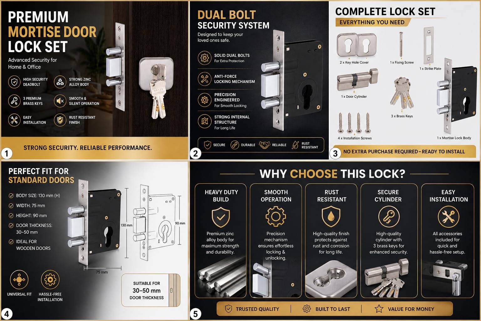 MODRAZE High Security Dead Bolt Lock | Heavy Duty Main Door Lock with 2 Bullets | Door Locks for Main Door 70mm Cylinder with 3 Ultra Brass Keys (2 Years Warranty) (SS) 3