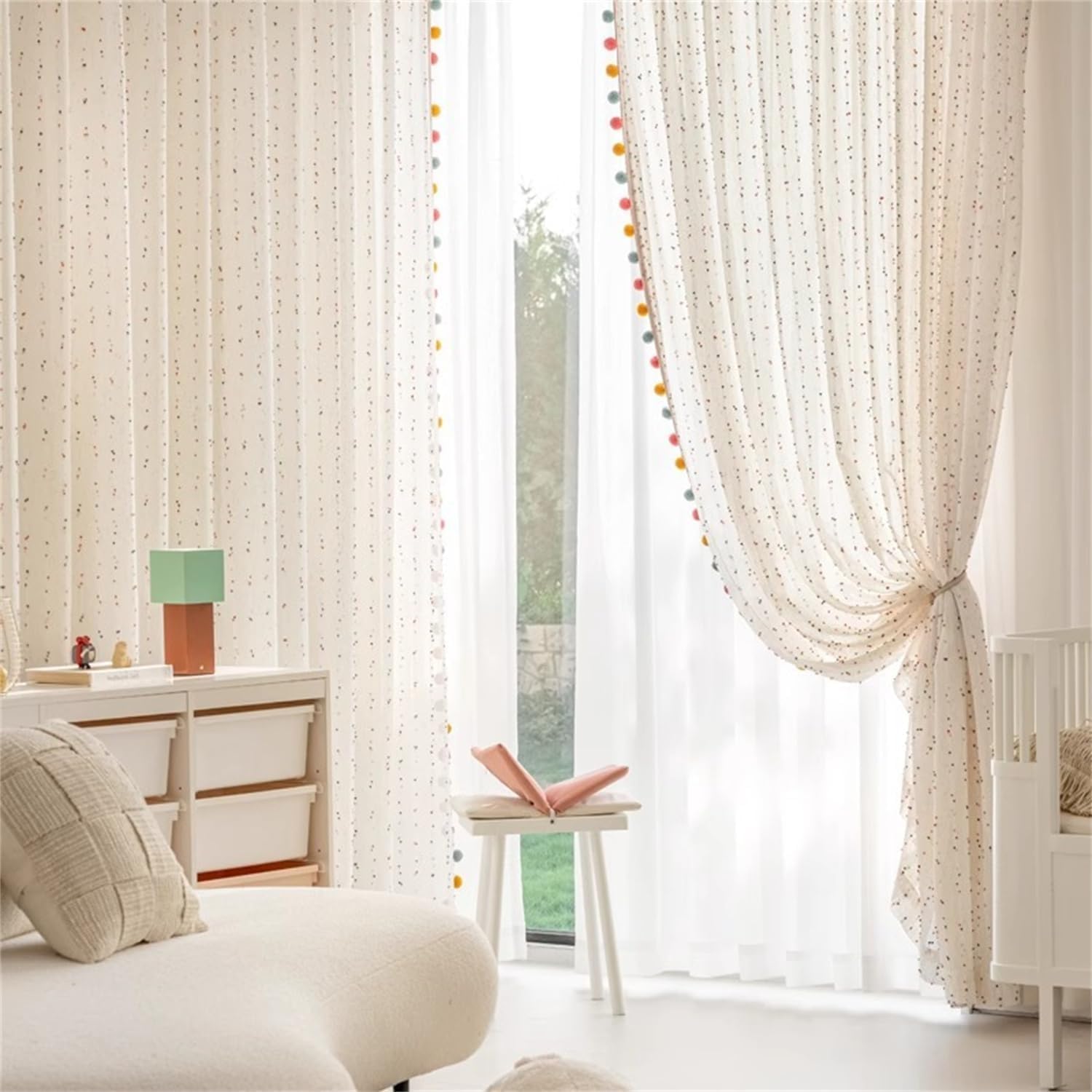 Boho Rainbow Sheer Curtain with Colorful Pom Pom Voile Drapes Light Filtering Faux Linen Stripe Pompom Rod Pocket Window Drapes for Boys/Girls Bedroom/Nursery 2 Panels (W42 X L63 Inch-2PCS,White)