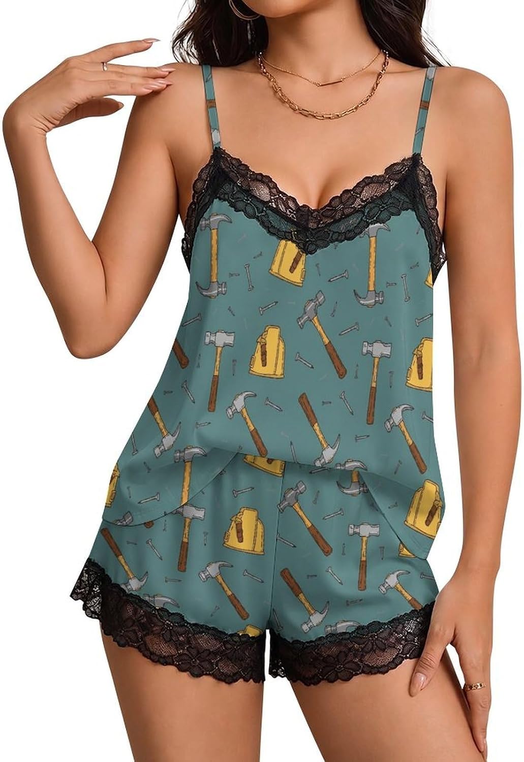 Women's Pajama Set Lace Trim Funny 2 Piece Cami Tank Top & Elastic Waist Shorts, Soft Sleepwear for Home