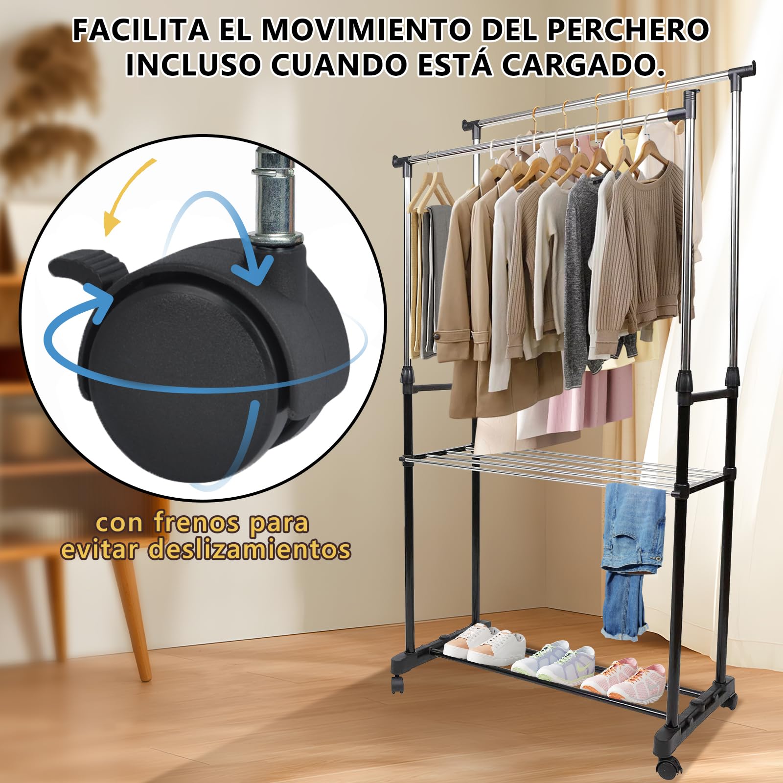 EASY SPEED Perchero de Ropa de Doble Barra con Ruedas, Pantalonero Resistente y Estable Perchero Extensible, Organización para Casa, Hogar, Tiendas, Metálico (80x43x160cm)