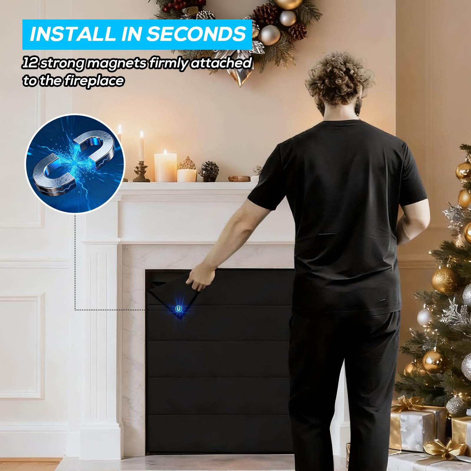 PAWBOSE Copertura magnetica per camino, blocca la perdita di calore e tiene fuori le correnti d'aria con 12 forti magneti integrati per telaio del camino in ferro, 99 x 81 cm