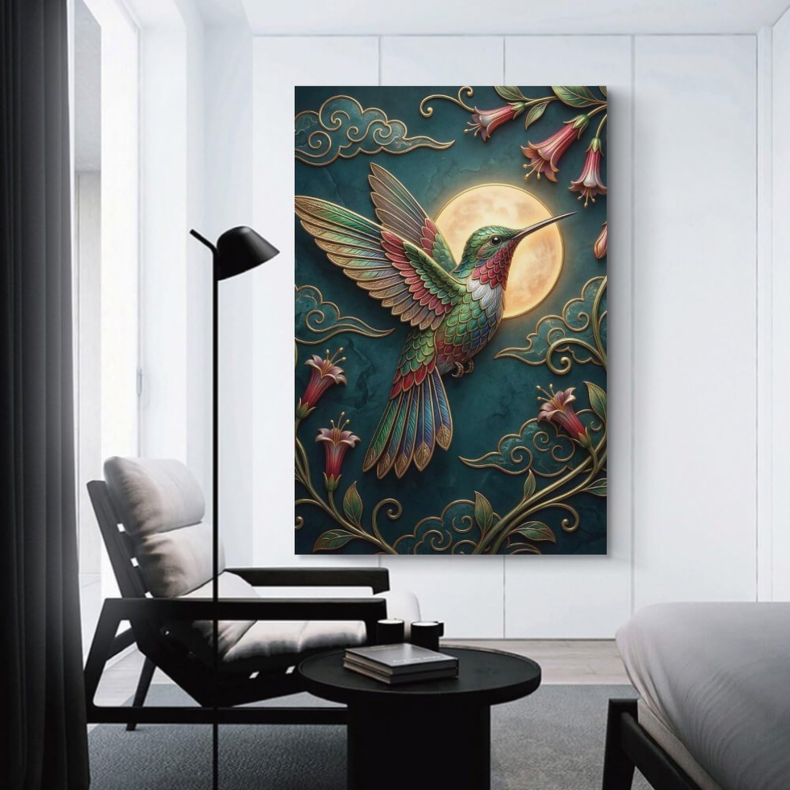 Junmoney Canvas Wall Art Hummingbird with Moon And Flowers, 08x12inch(20x30cm), for Living Room, Lounge Or Sitting Room, Canvas Styling for A Polished Room Look