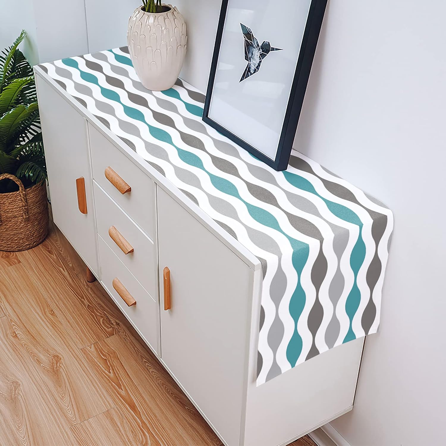 Table Runners 72 Inches Long, Mid-Century Modern Geometric Cyan Gray Pattern Coffee Table Runner for Living Room,Cotton Linen Farmhouse Table Runner for Wedding/Party 14x72 Inch