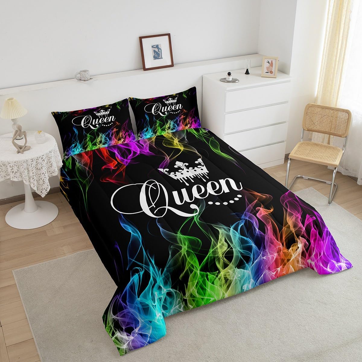 Feelyou King and Queen Crown Comforter Set Modern Chic Bedding Set Twin Size Duvet Insert All Season Sets for Couples 2 Pieces Rainbow Colorful Flame Quilt Valentines Day Gifts Decorative Bedroom image 4