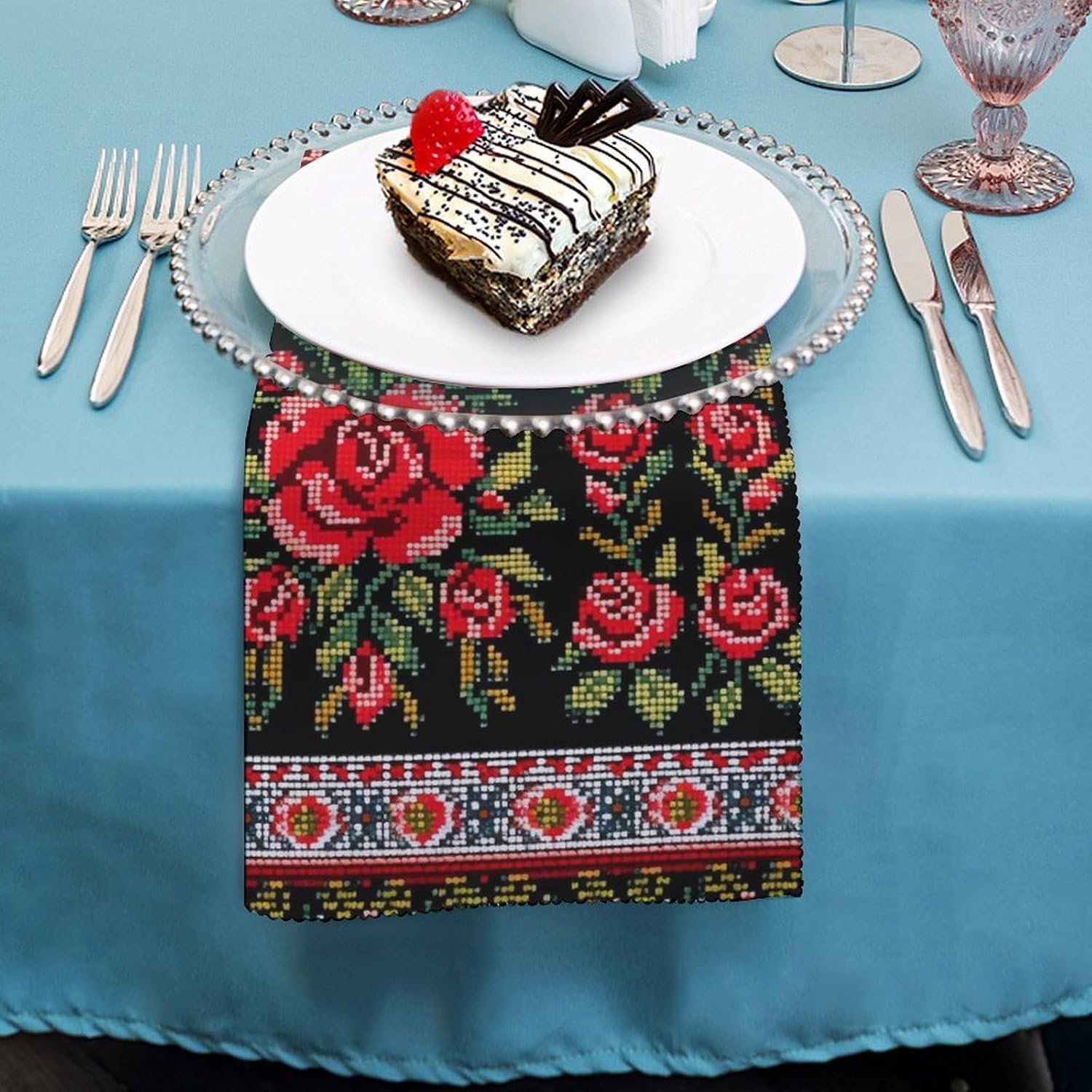 4 PCS Cloth Napkins Ukrainian Embroidery Style Rose Reusable Satin 18.7x18.7 Inch Washable Soft Table Napkins for Dining Wedding, Holiday Decor & Eco-Friendly Kitchen Gifts image 4