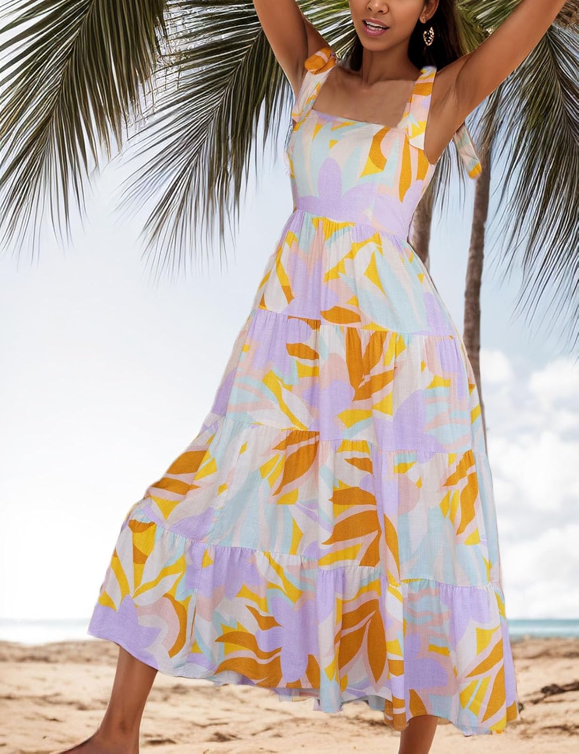 Womens 2025 Summer Maxi Dress Casual Sleeveless Spaghetti Strap Smocked Ruffle Beach Long Dress - Image 5