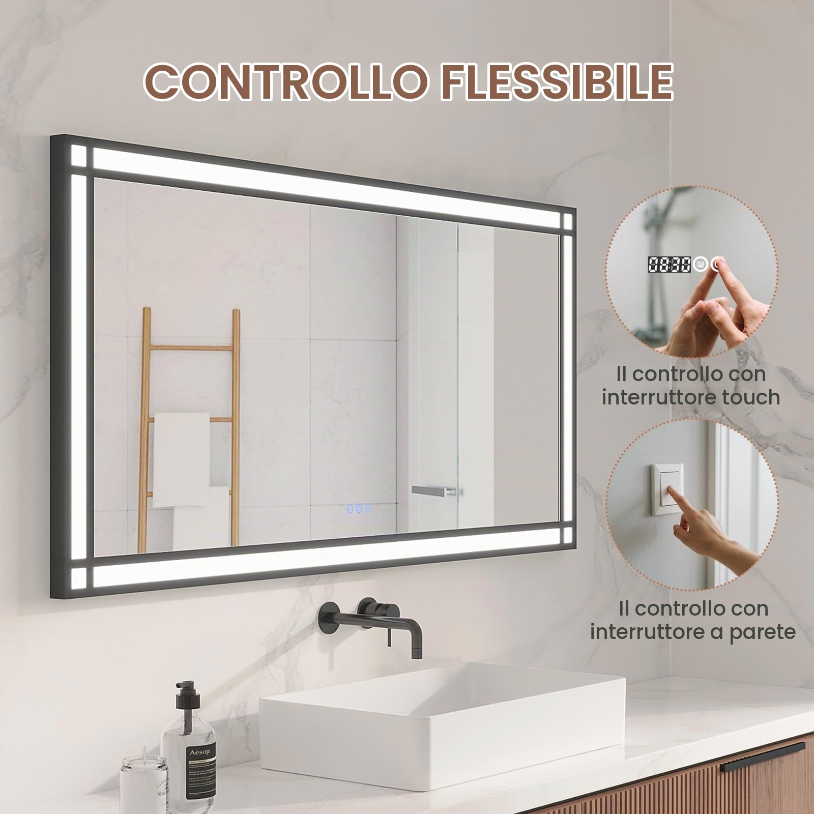 AQUABATOS grande specchio da bagno a LED con illuminazione 140x70 cm effetto finestra specchio luminoso cornice in alluminio nero dimmerabile antiappannamento