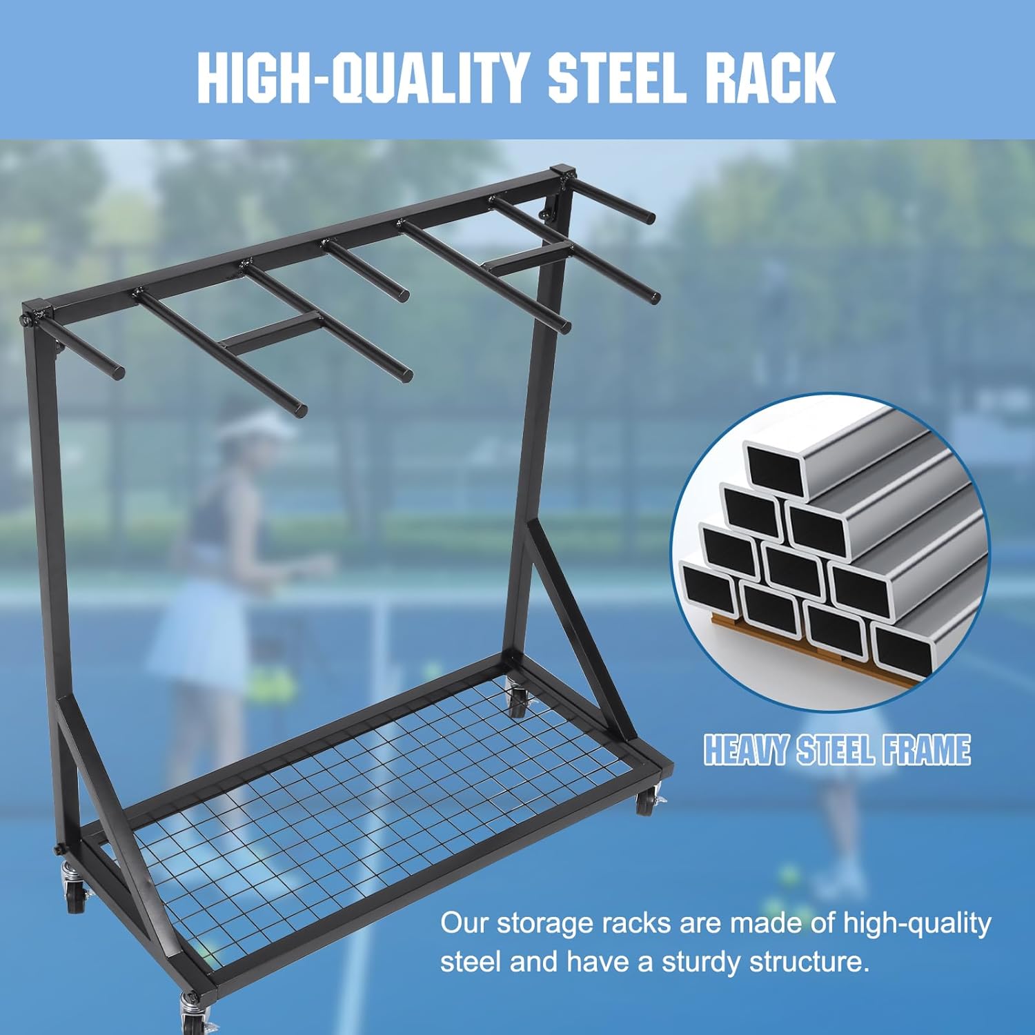 Tennis Racket Storage Organizer Holder Rack with Wheels Rolling Mobile Sports Equipment Cart for School/Gym/Training Ground
