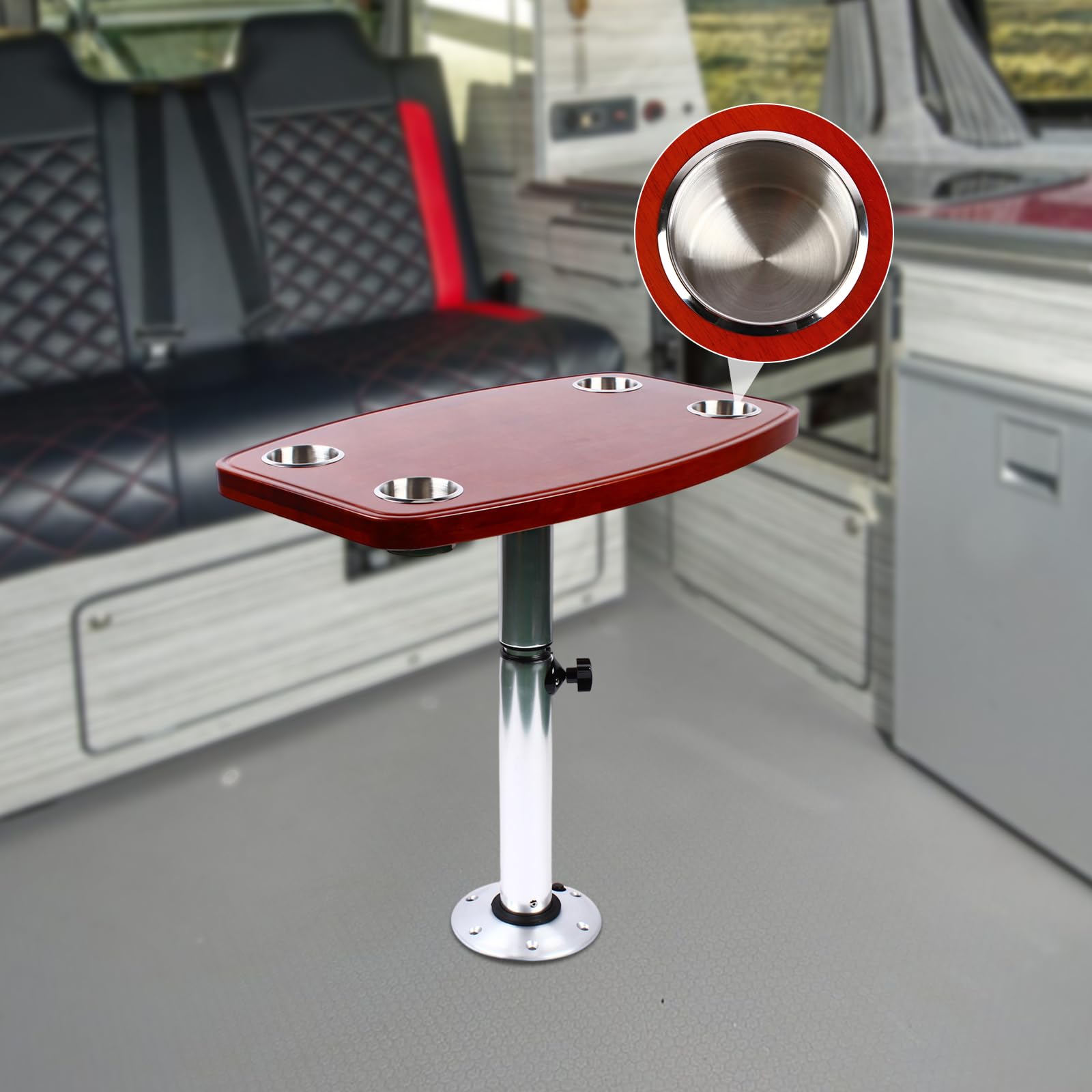 Table de caravane - Plateau de table en chêne laqué - Table haute de bistrot - 60 x 38 cm - Avec 4 porte-gobelets - Pour caravane, camping-car, bateau marin