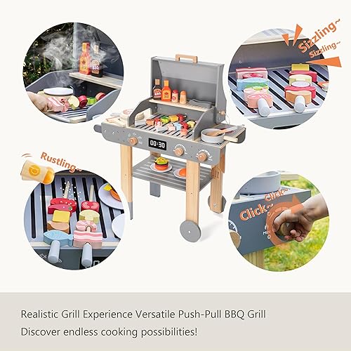Miniatura 3 de Juego de parrilla de madera para niños, juego realista de barbacoa con herramientas para asar y alimentos, juguete de parrilla para niños a partir