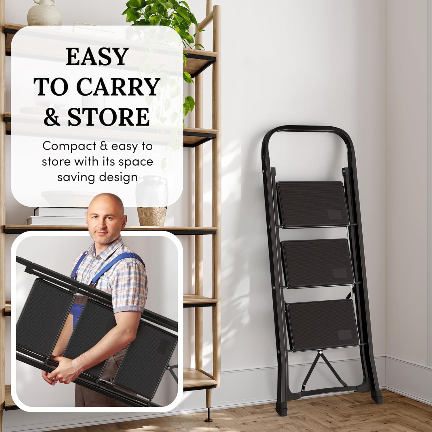 3-Step Ladder with Wide Anti-Slip Platform & Thick Rubber Feet | Heavy Duty Foldable & Portable | 330 lbs Capacity, Steel Frame, Rubber Handgrip, Folding Step Stool