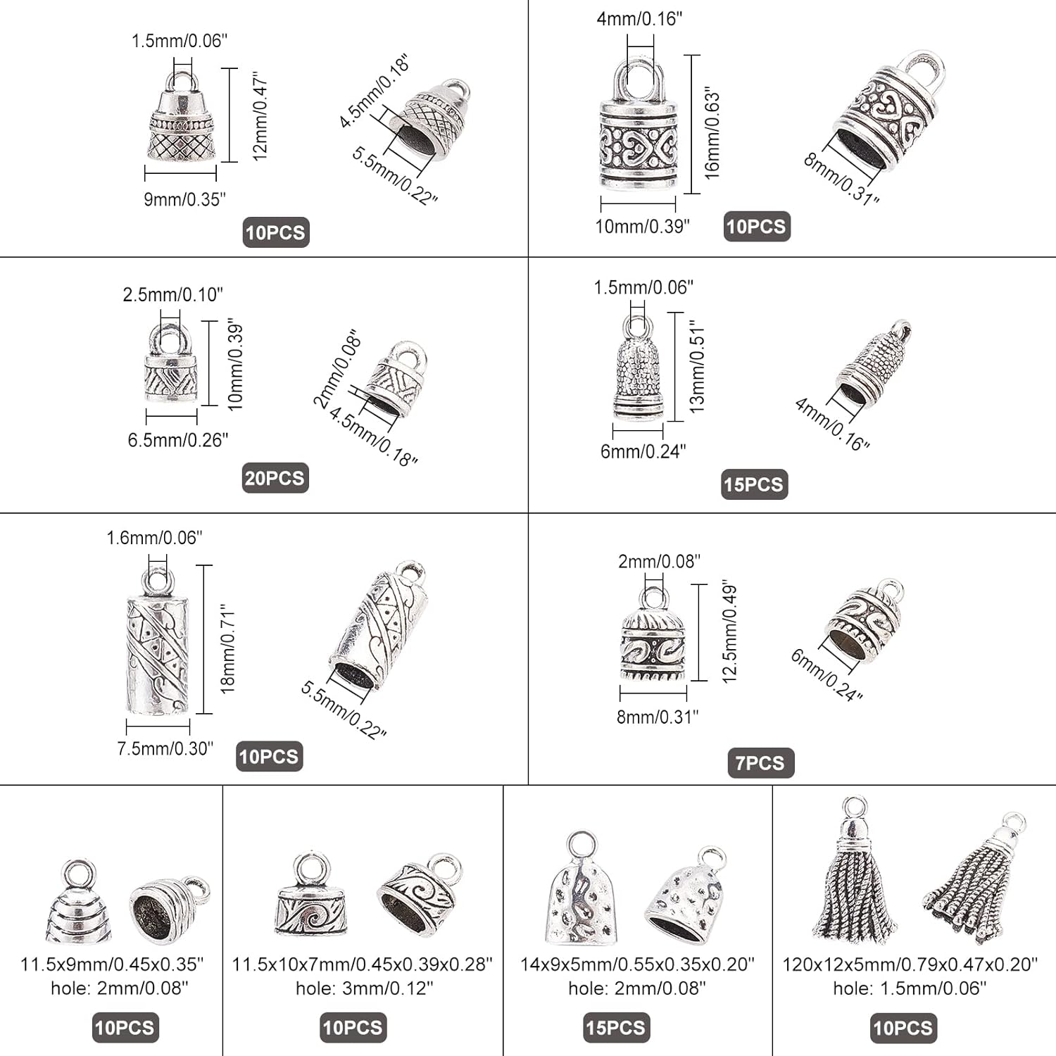 PH PandaHall Cord Ends Caps, 117pcs 10 Styles Tibetan Alloy Leather Cap Glue in Barrel End Caps Tube Crimp Beads End Caps Thread Ends for Kumihimo Jewelry Making Bracelet Necklace 4~8mm - Image 4