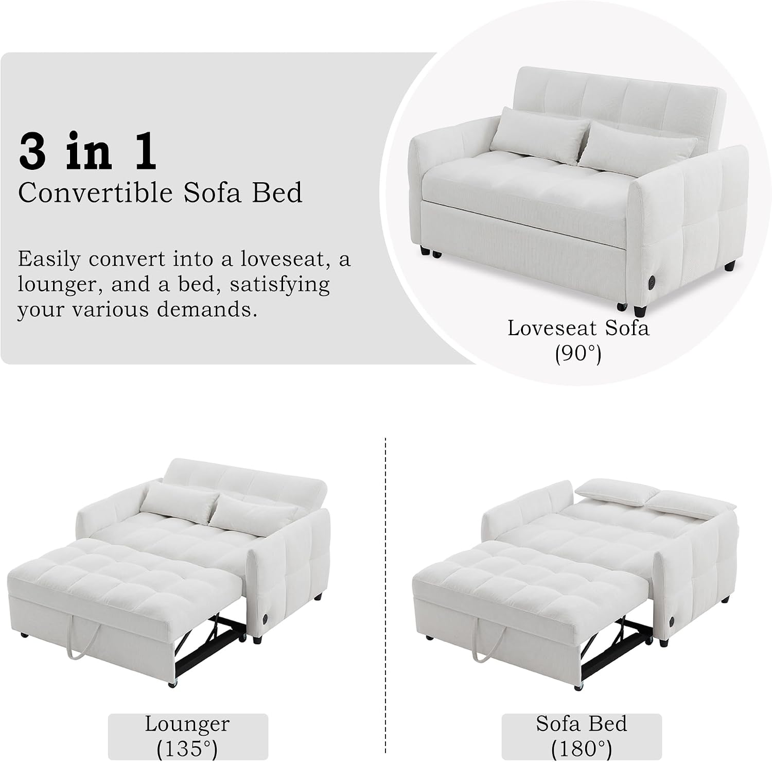 P PURLOVE Pull-Out Sleeper Sofa Bed with an Adjustable Backrest, Chenille Loveseat Sofa with 3 USB Ports and 2 Lumbar Pillows for Living Room, Apatment (Beige)