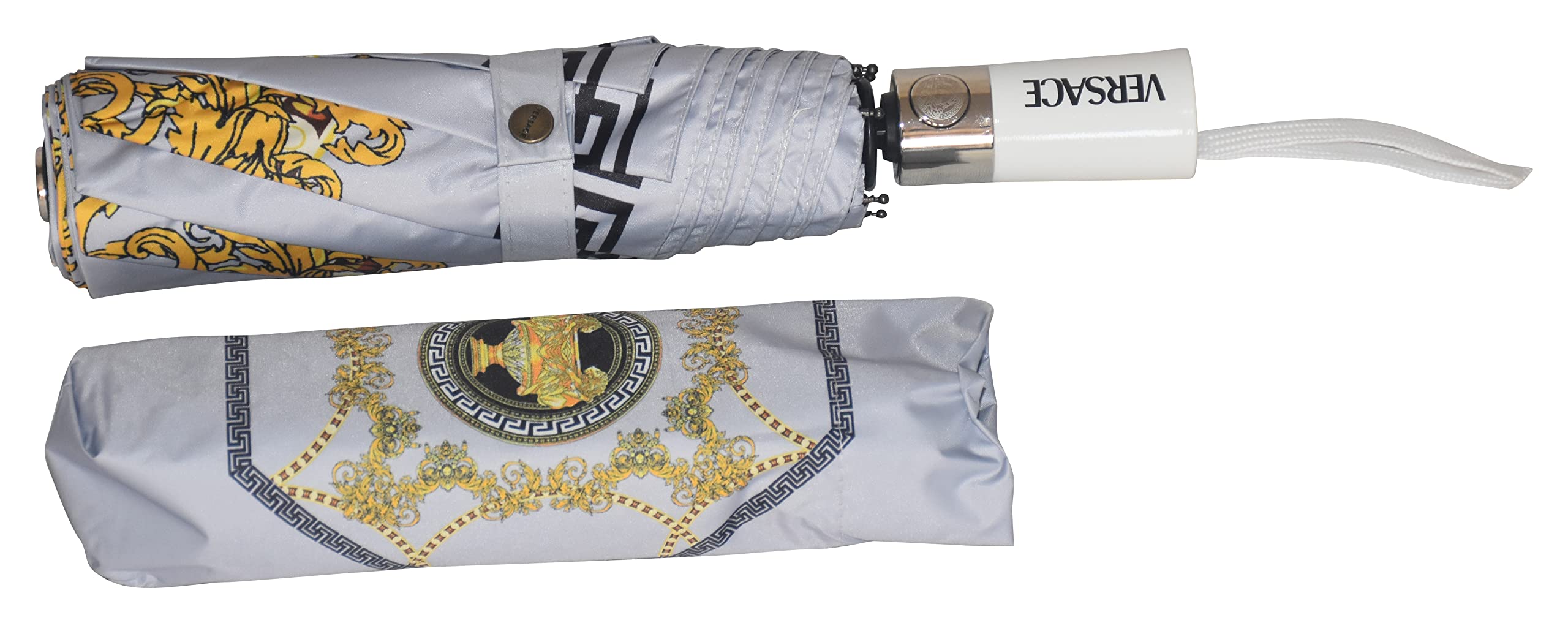 CHAATEWALA™ Luxury Printed Rain Cover for Men & Women, Royal Baroque Design, Windproof Dome Style with Strong Frame and Long Handle (Grey & Gold) 2