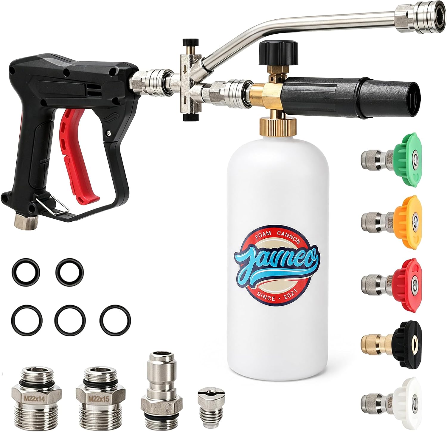 Foam Cannon for Pressure Washer with Short Gun Kit, Snow Foam Lance, 3/8" Swivel Quick Connect, M22-14mm M22-15mm Adapter, 5 Nozzle Tips, Dual Connector System, 1.1mm Orifice