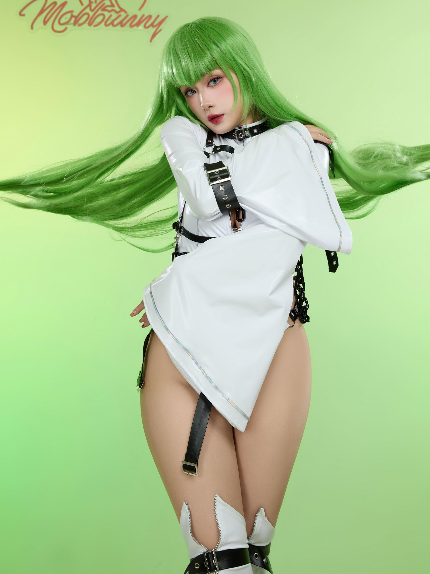 Mobbunny Women Anime Cosplay Costume Sexy Bodysuit Halloween Cutout Strap Jumpsuit With Stocking and Arm Ring: X-Large White