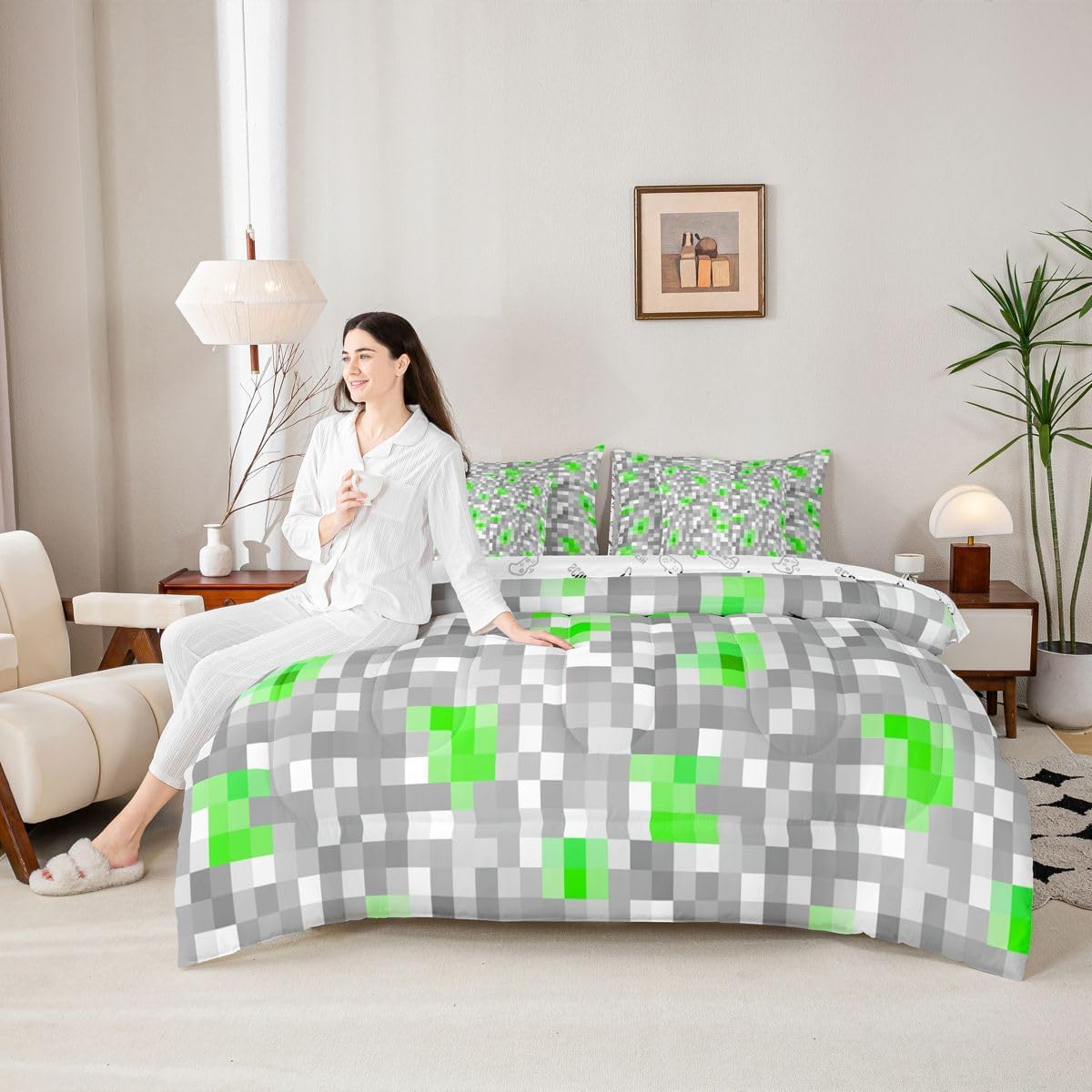 Miner Grid 7 Pcs Bedding Sets Queen Pixelated Patchwork Geometric Plaid Comforter Set Game Theme Abstract Green Gray Decor Bed in a Bag with Comforter,Flat&Fitted Sheet,2 Pillowcases,2 Pillow Covers