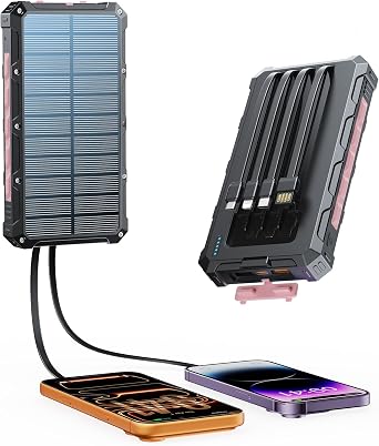 Solar-Charger-Power-Bank - 20000mah Solar Powered Battery Charger Cell Phone,20W Fast Charging Built in Cables,Camping Essentials Portable External Battery Pack Compatible with Multiple Devices